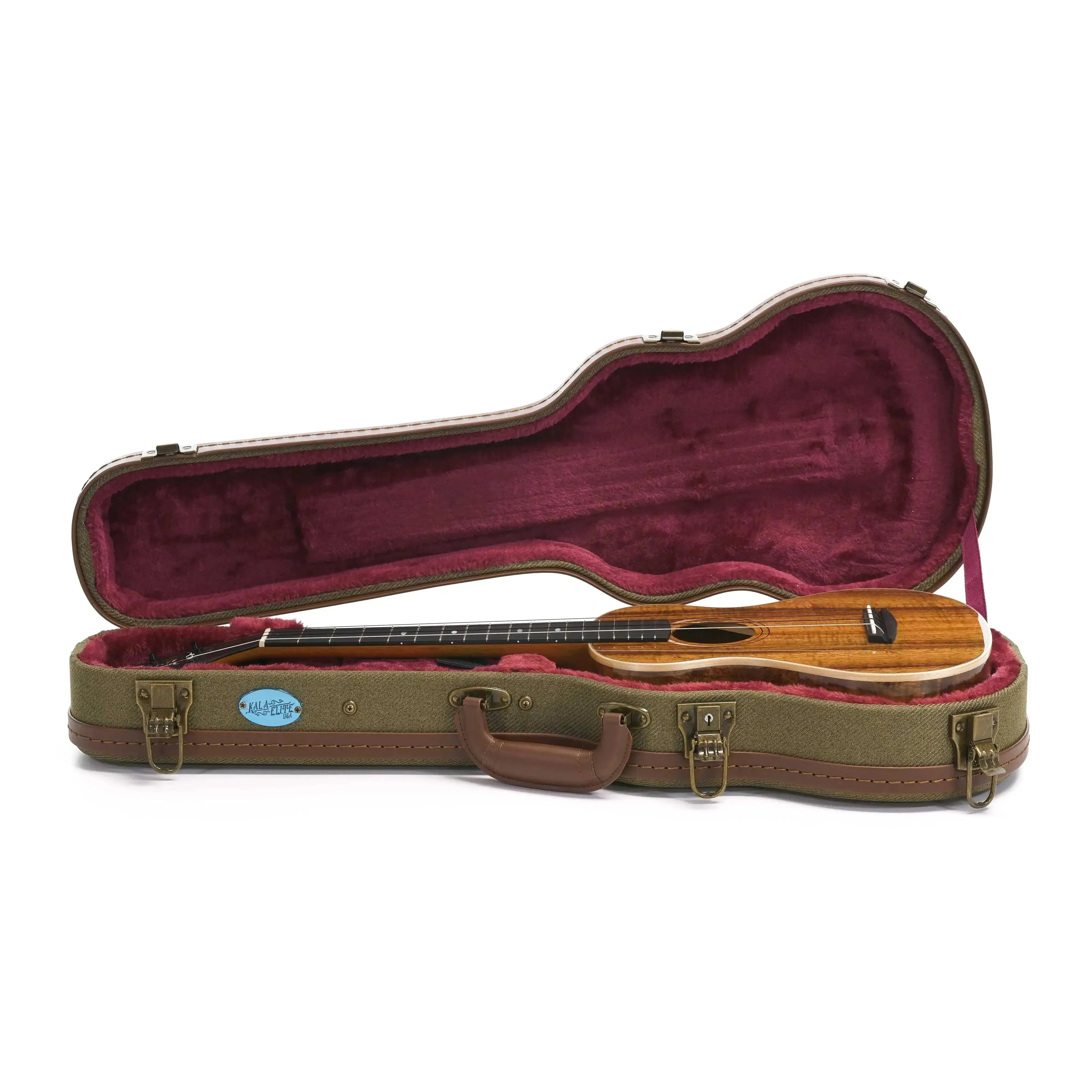Kala Elite KOA-STG Solid Koa Super Tenor XL Ukulele in its open, plush-lined brown case.