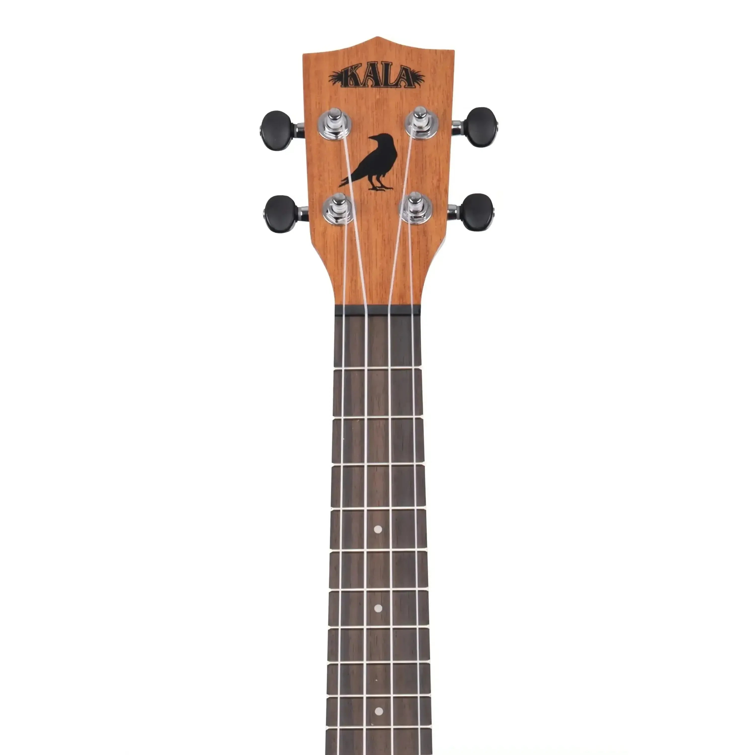 Kala Emi Sunshine Signature Concert Ukulele headstock with black crow design and tuning pegs.