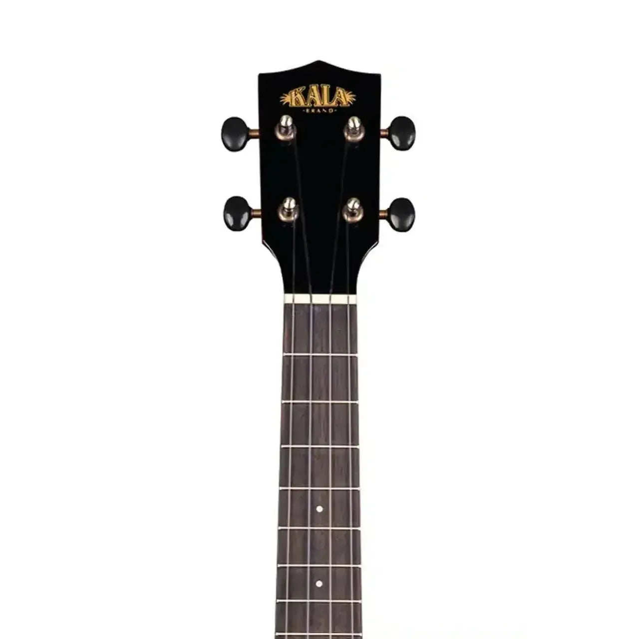 Kala tenor ukulele headstock with black finish, gold logo, and dark rosewood fretboard.