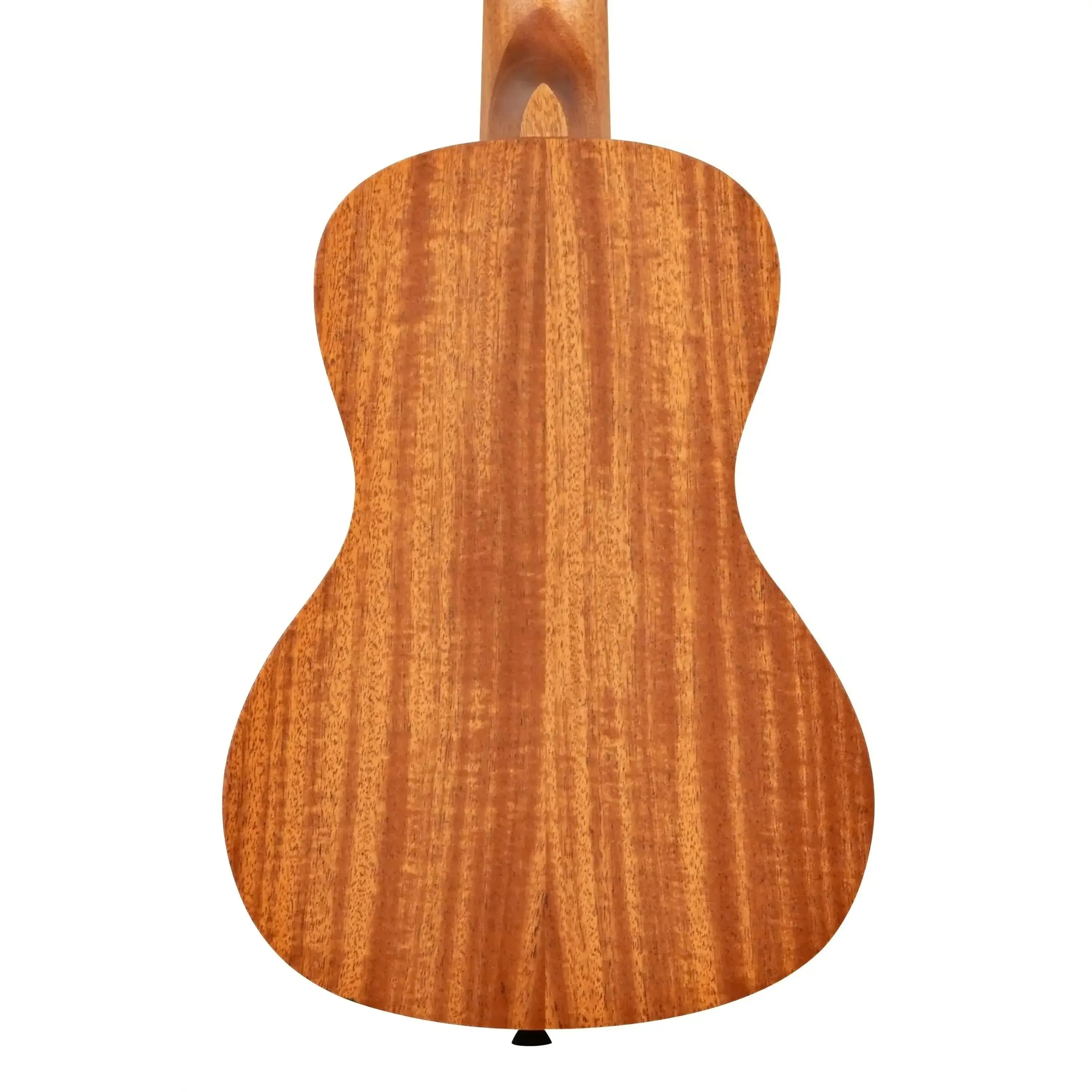Back of a Kala Gardenia mahogany concert ukulele with a satin finish and wood grain.