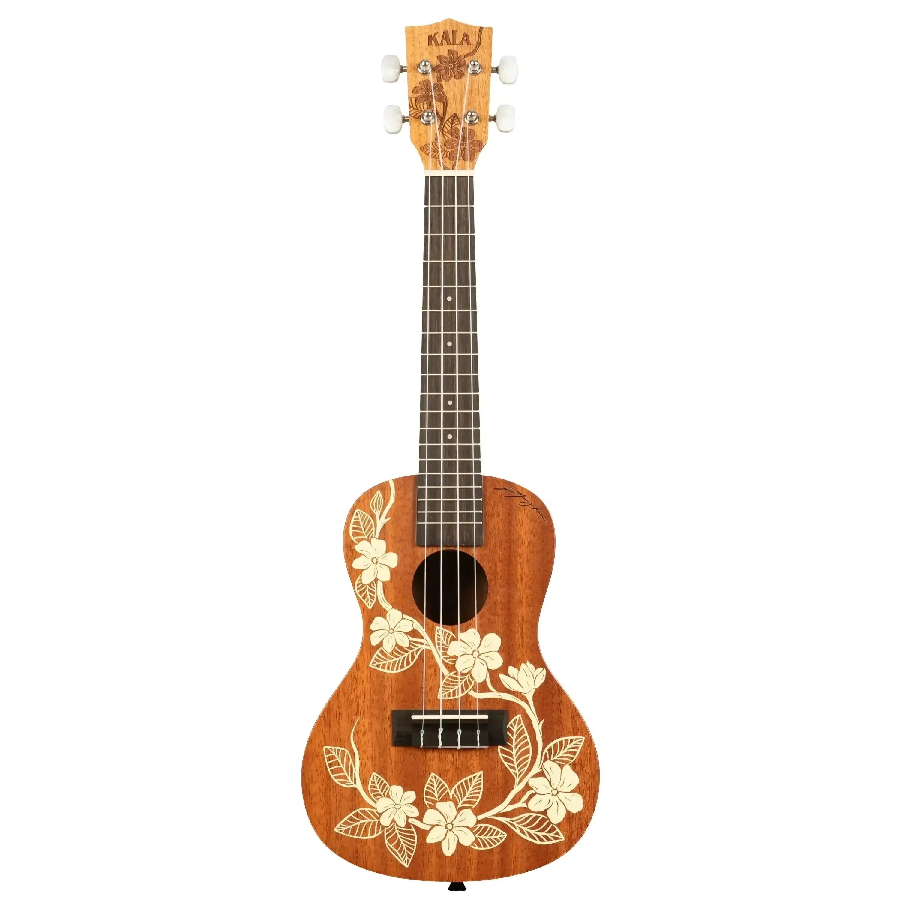 Kala Gardenia Mahogany Concert Ukulele with light floral engravings and white tuners.