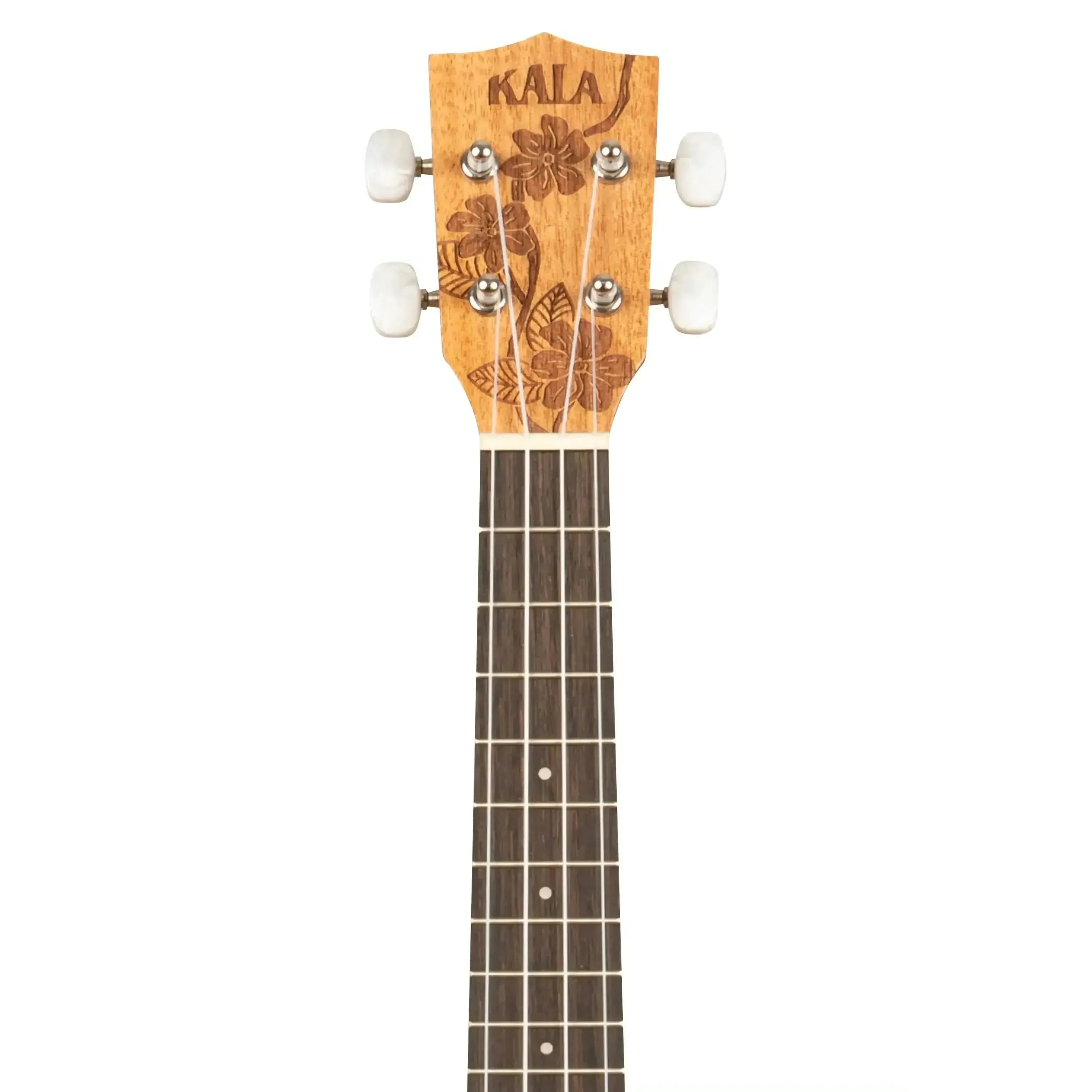 Kala Gardenia-C concert ukulele headstock with floral engraving, mahogany wood, and white tuners.