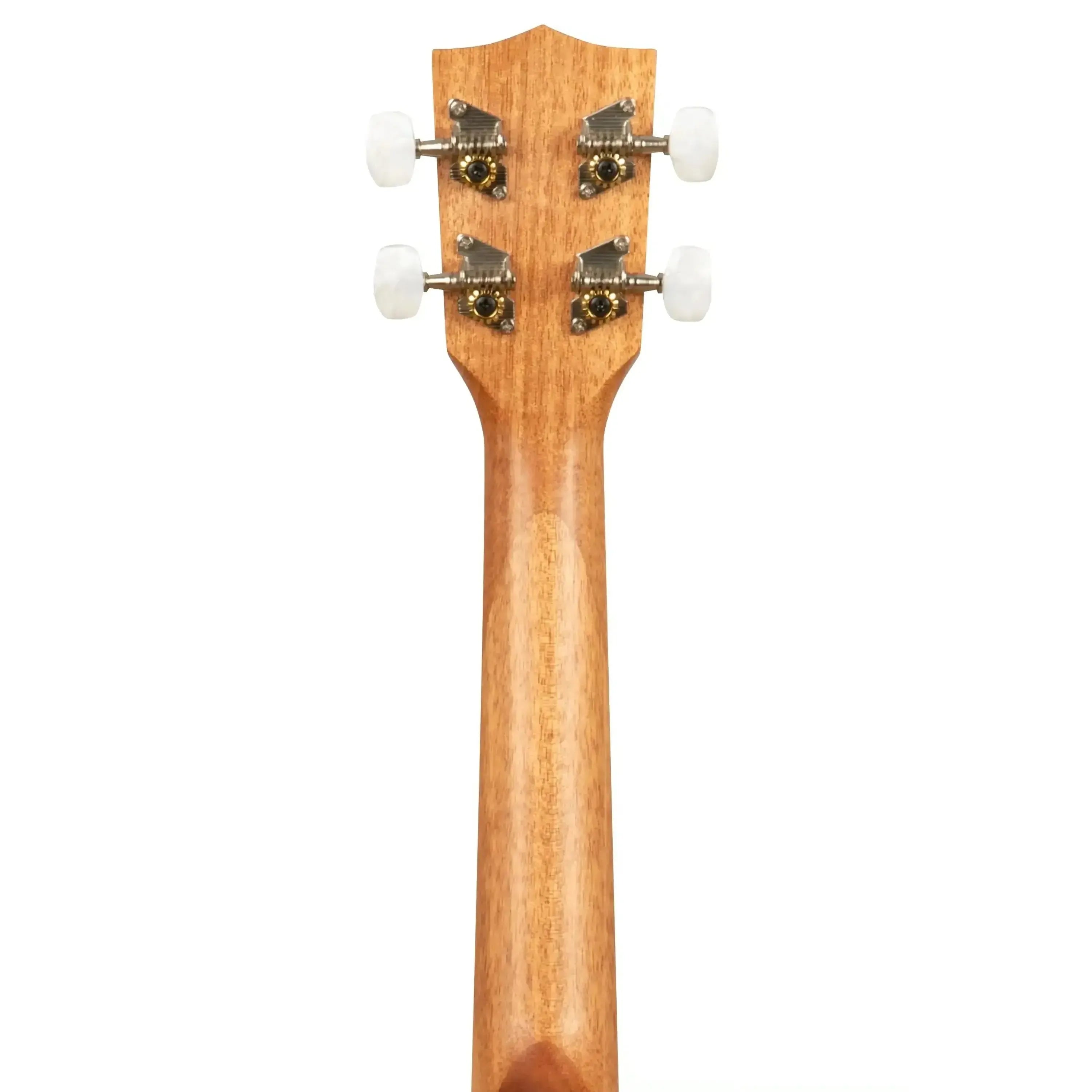 Back of a Kala Gardenia mahogany concert ukulele headstock with open gear chrome tuners.