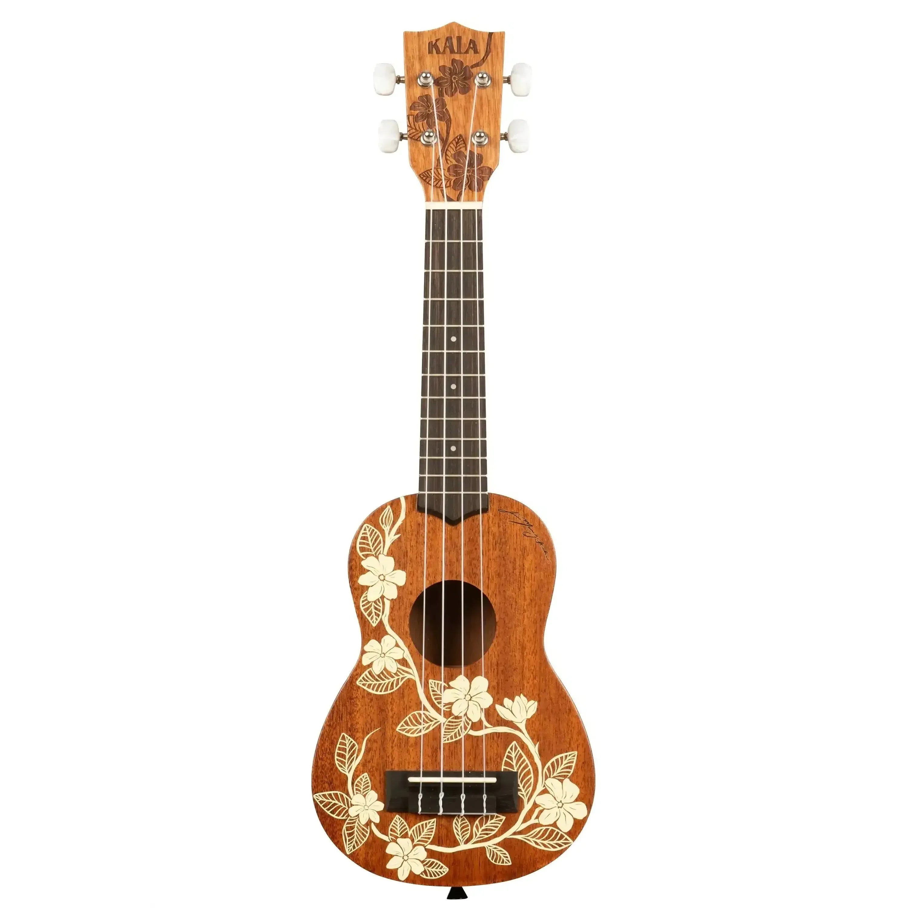 Kala Gardenia Mahogany Soprano Ukulele with white floral design and satin finish.