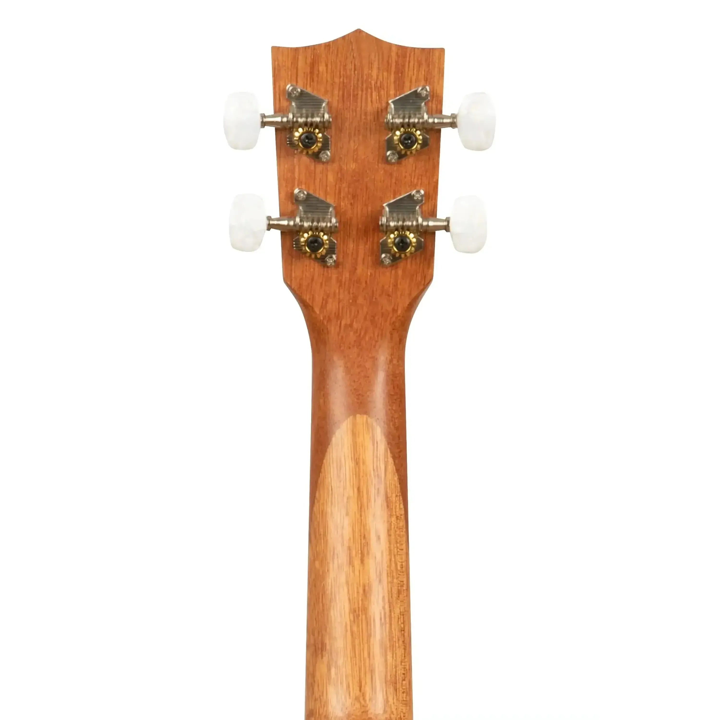 Kala Gardenia mahogany soprano ukulele headstock with open-gear chrome tuners and white buttons.