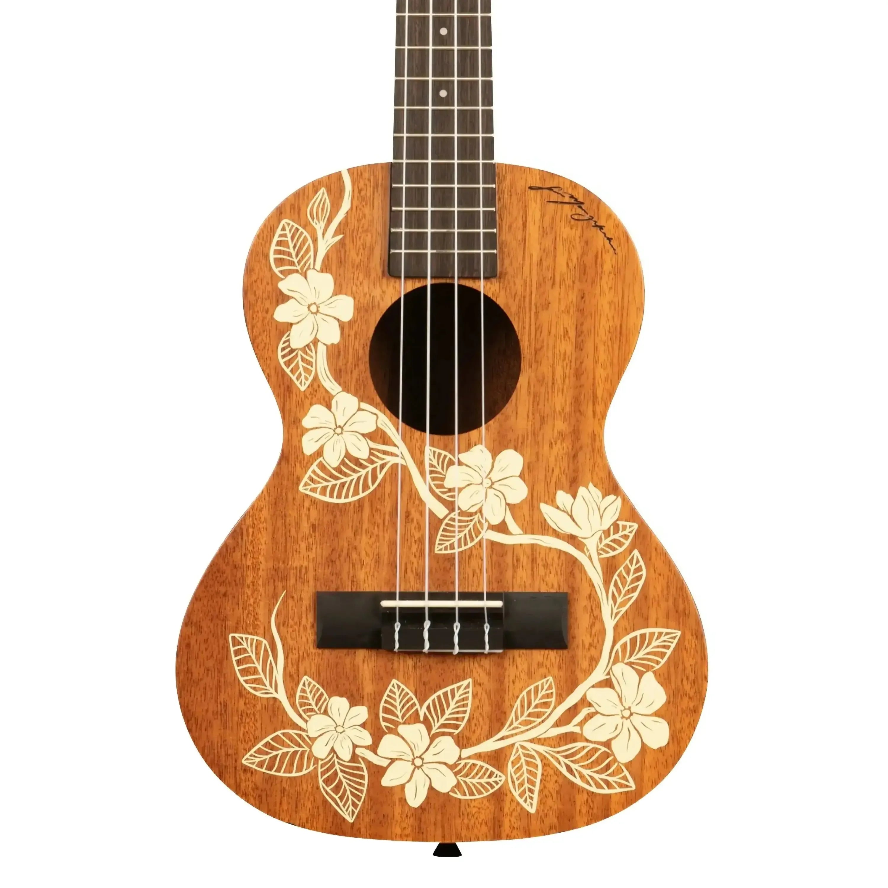 Kala GARDENIA-T Tenor Ukulele with mahogany body and white gardenia flower design.