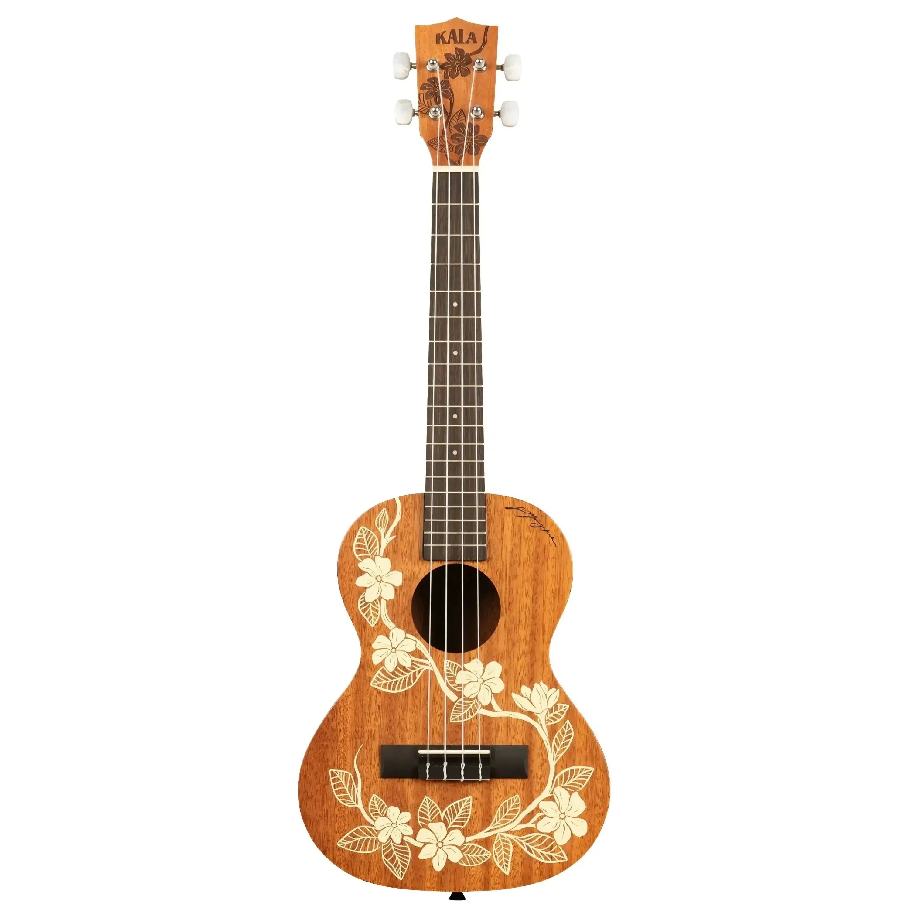 Kala Gardenia-T tenor ukulele with mahogany body and white floral engravings.