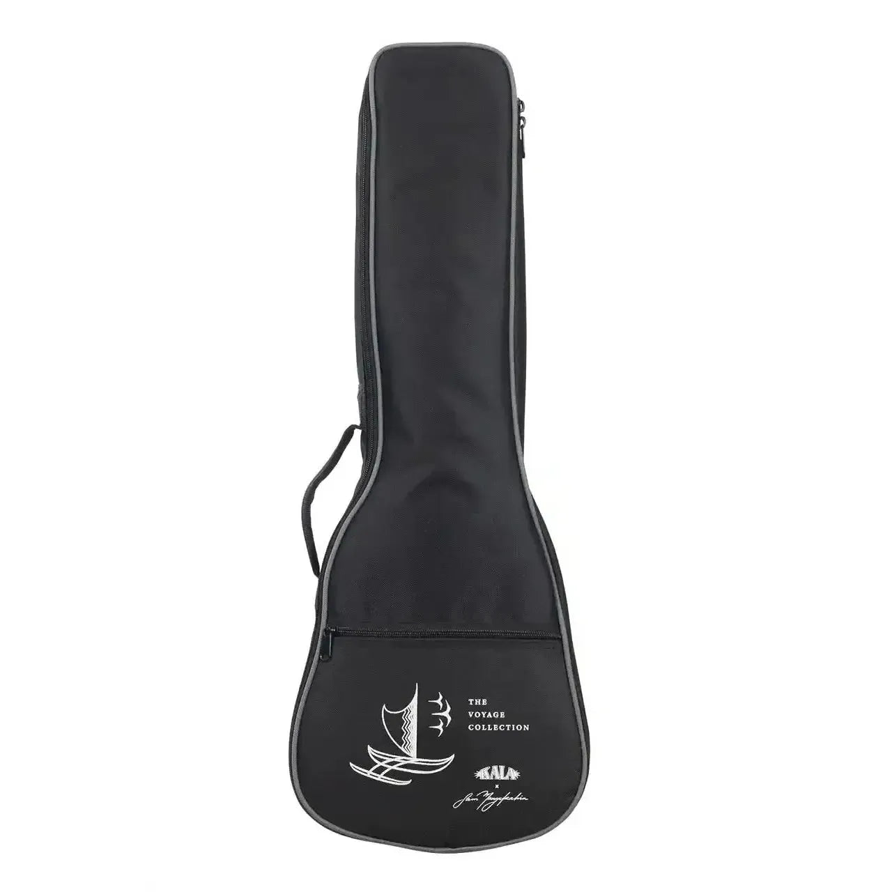 Kala black tenor ukulele gig bag with "The Voyage Collection" sailboat logo.