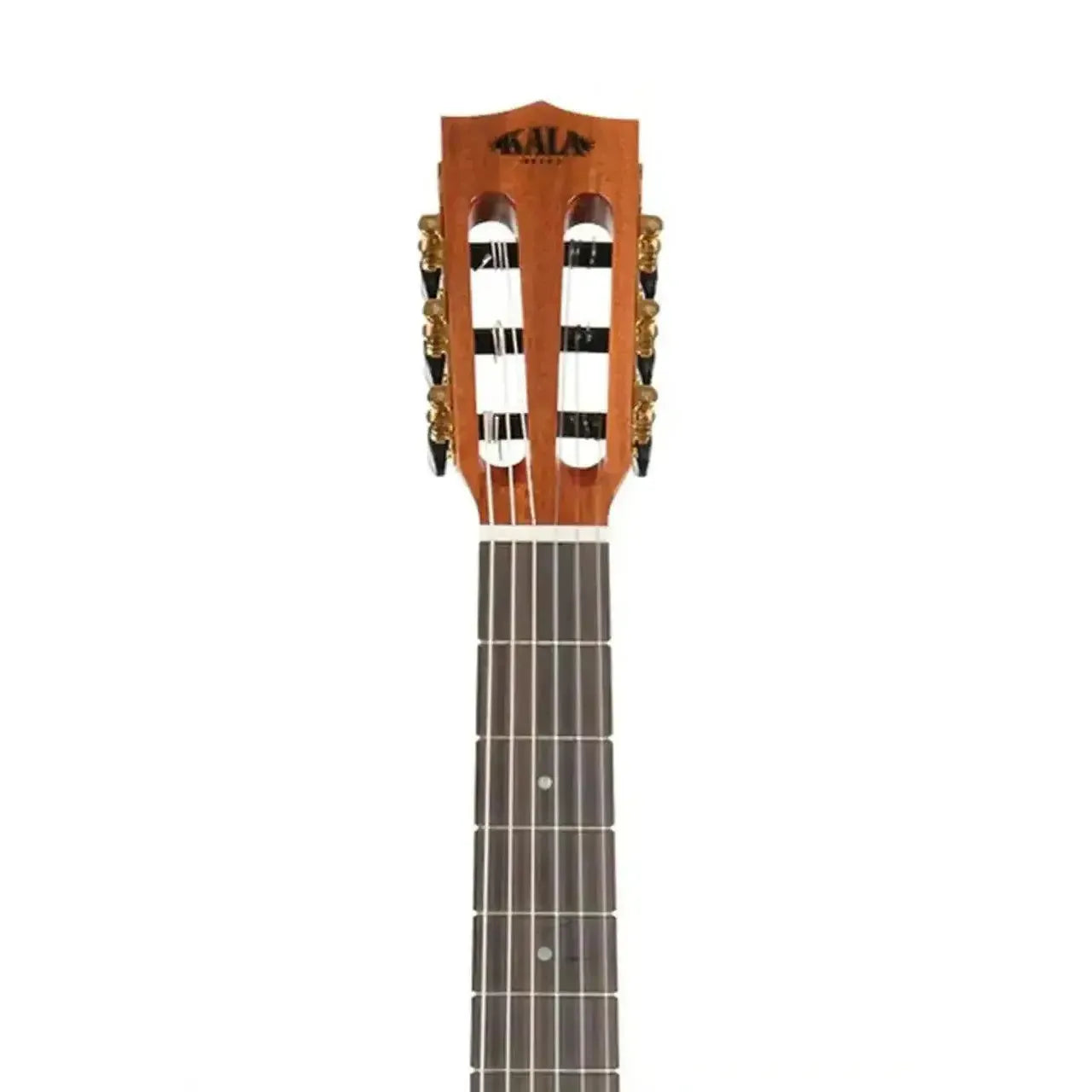 Kala GTR-MTN-E thinline nylon guitar headstock with mahogany, ebony fretboard, and gold tuners.