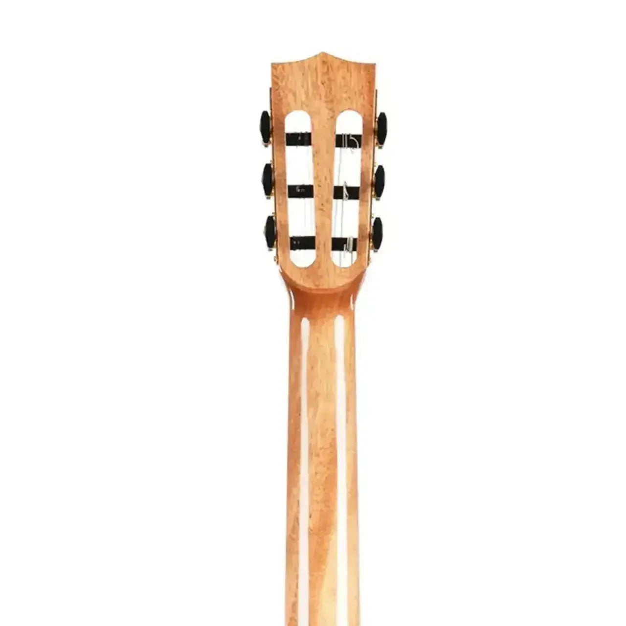 Kala Thinline Nylon Guitar's mahogany neck and headstock with black tuners.