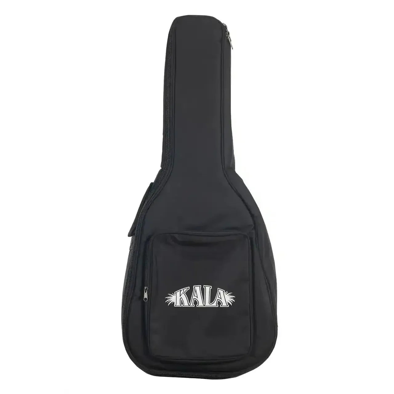 Black Kala GTR-OM-CMH Mini Orchestra Guitar gig bag with white Kala logo and front pocket.