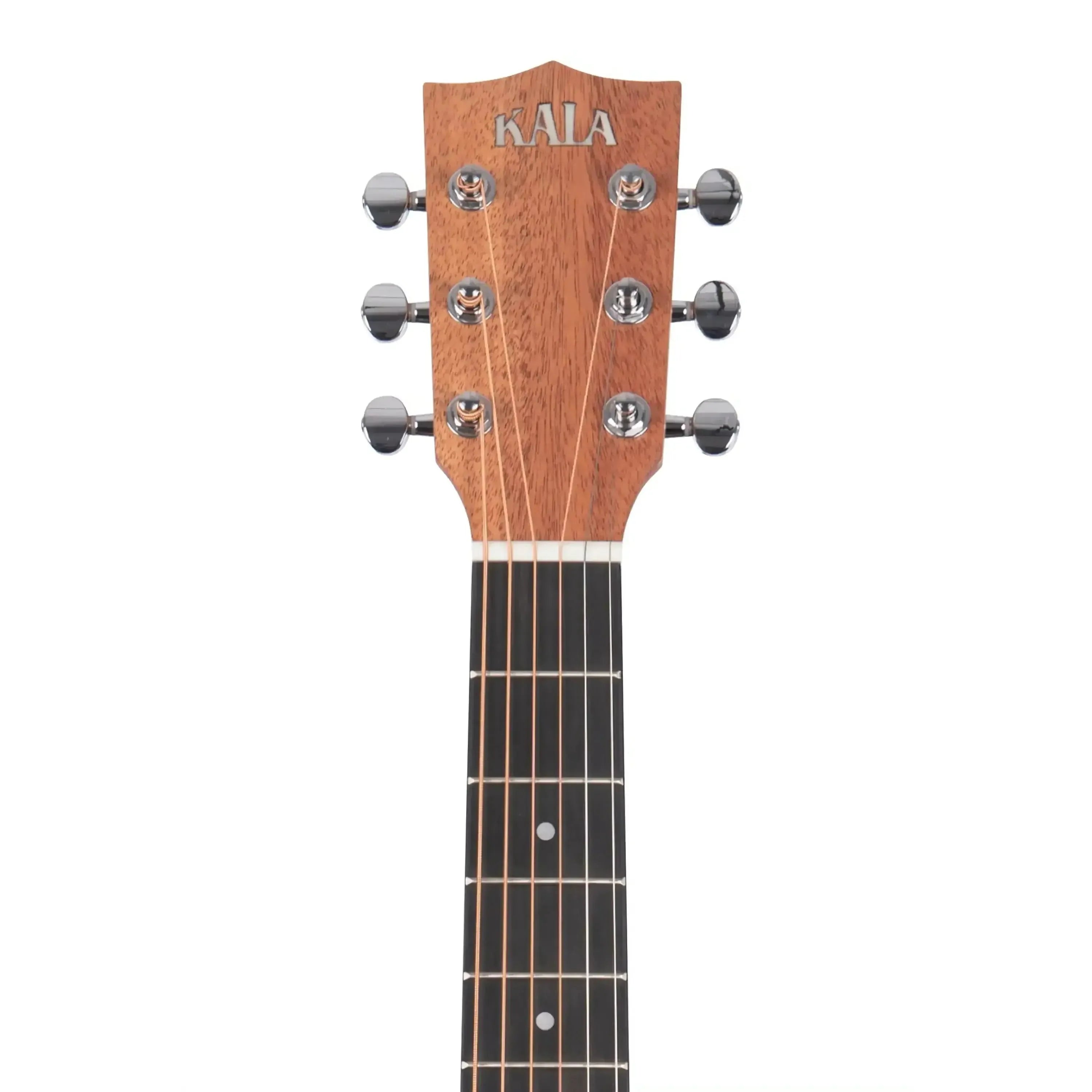 Kala GTR-OM-CMH mini orchestra guitar headstock with mahogany finish, chrome tuners, and ebony fretboard.