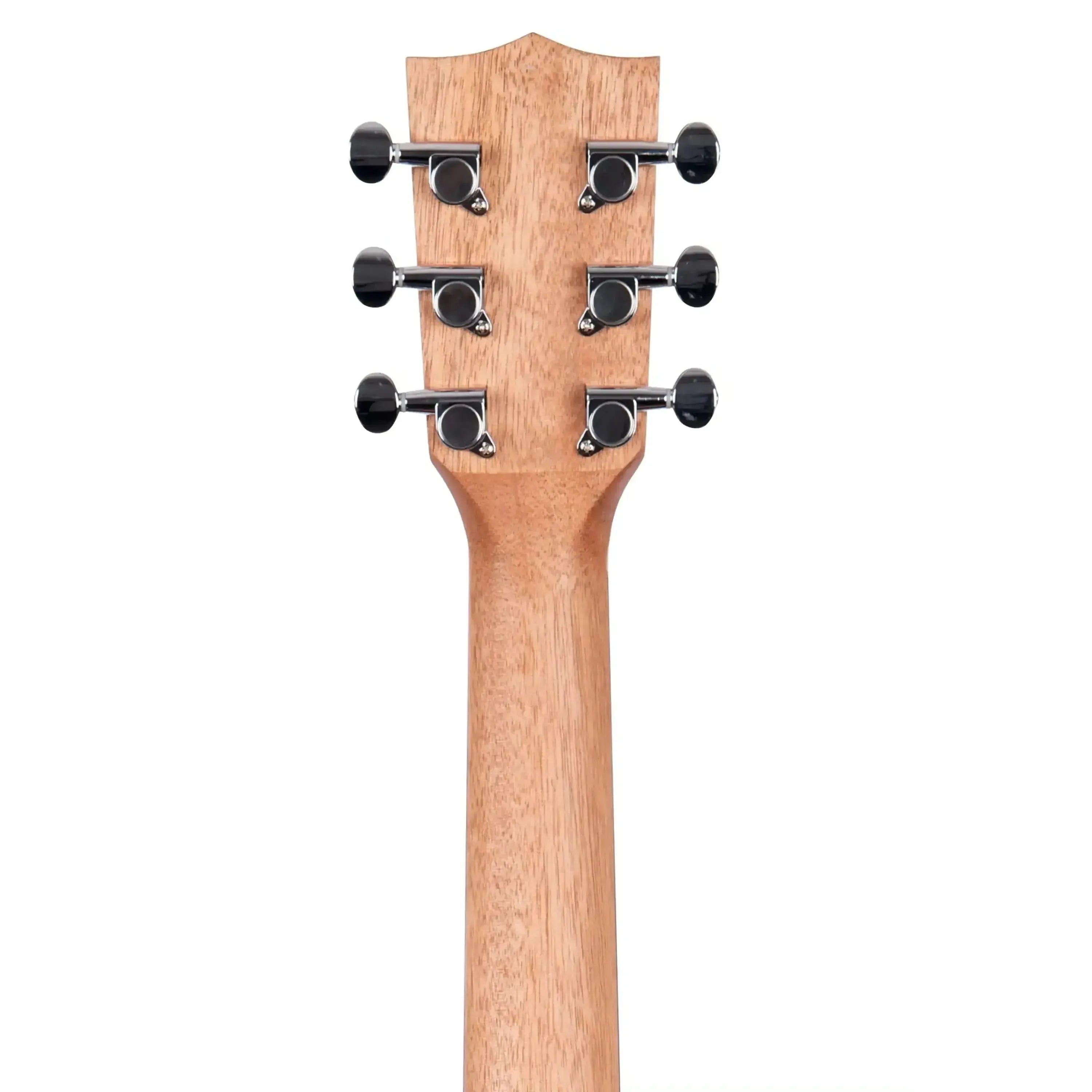 Back of Kala GTR-OM-CMH Mini Orchestra Guitar headstock and neck, showing chrome tuners.