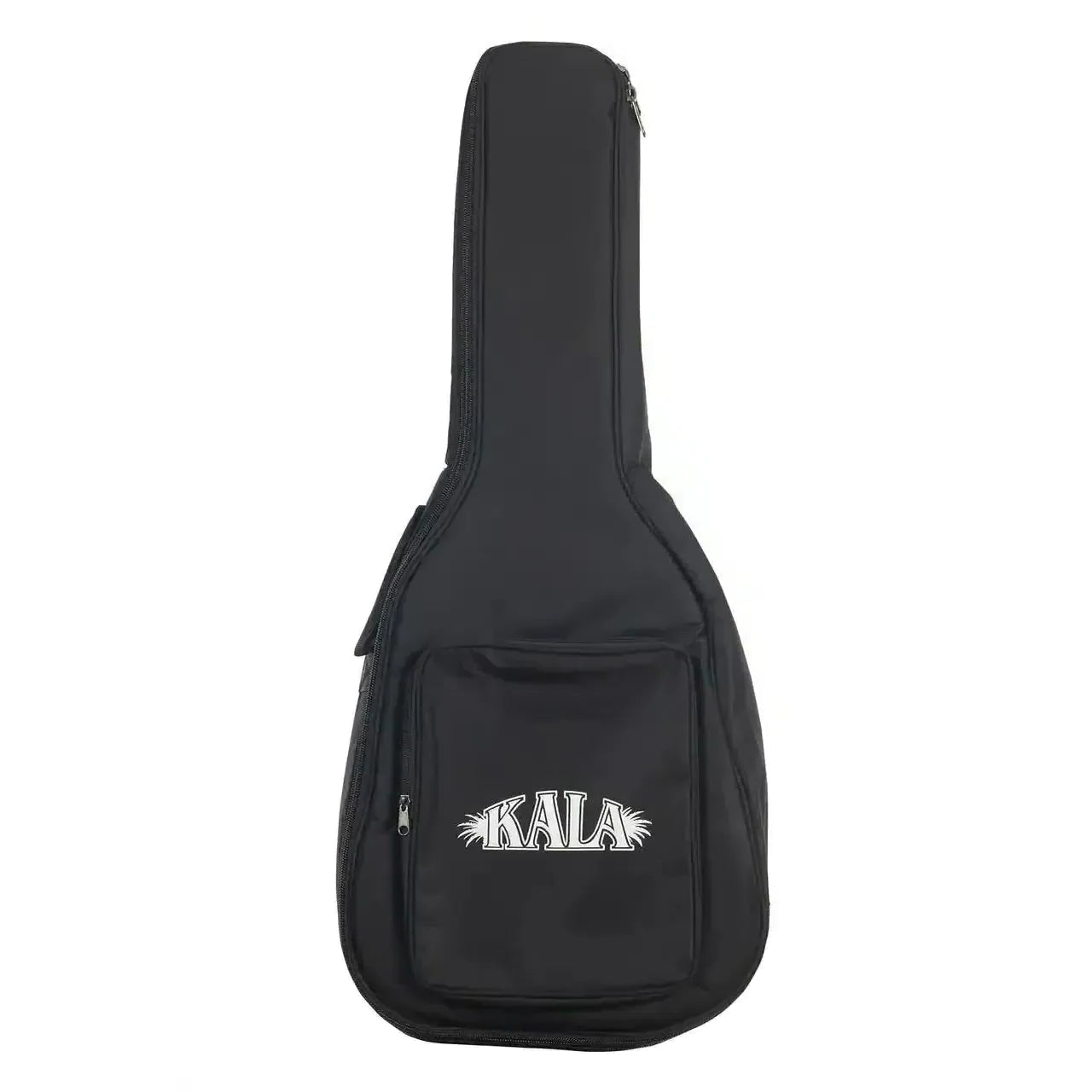 Black Kala mini orchestra guitar gig bag with white logo and zippered pockets.