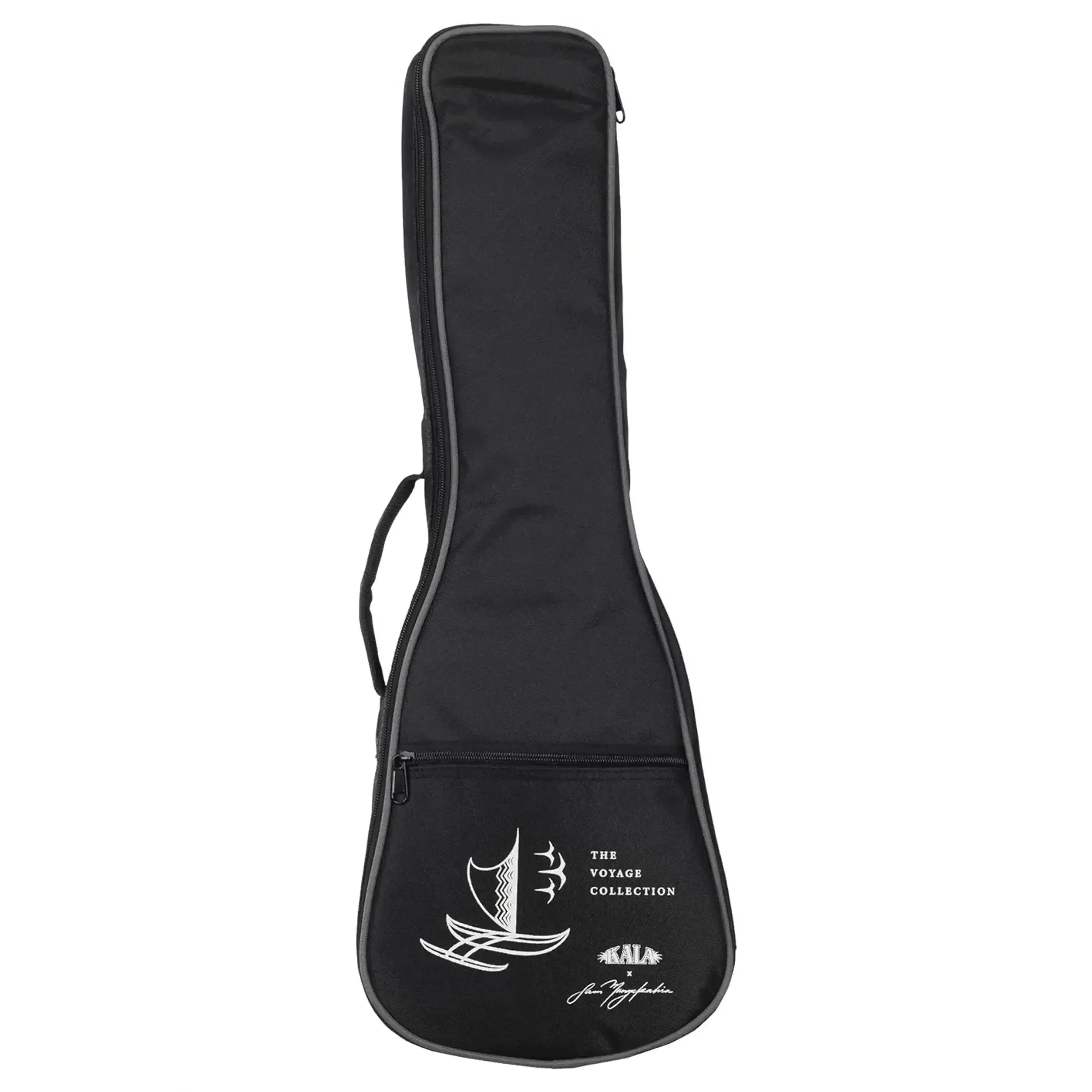 Kala GUIDANCE-C concert ukulele gig bag, black with gray trim and white "The Voyage Collection" sailboat logo.