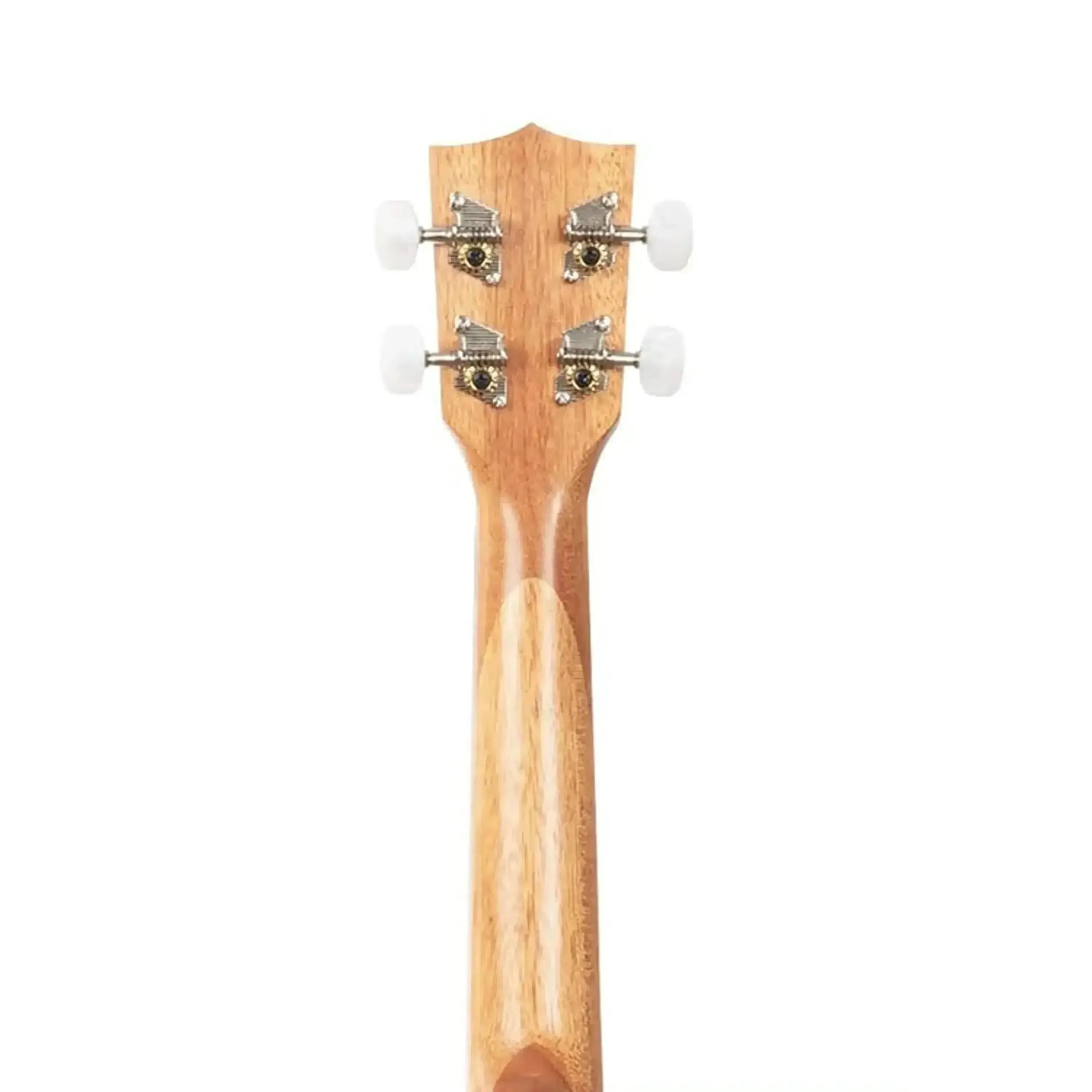 Back view of Kala GUIDANCE-C Mahogany Concert Ukulele headstock and neck, showing light wood grain and white tuning pegs.