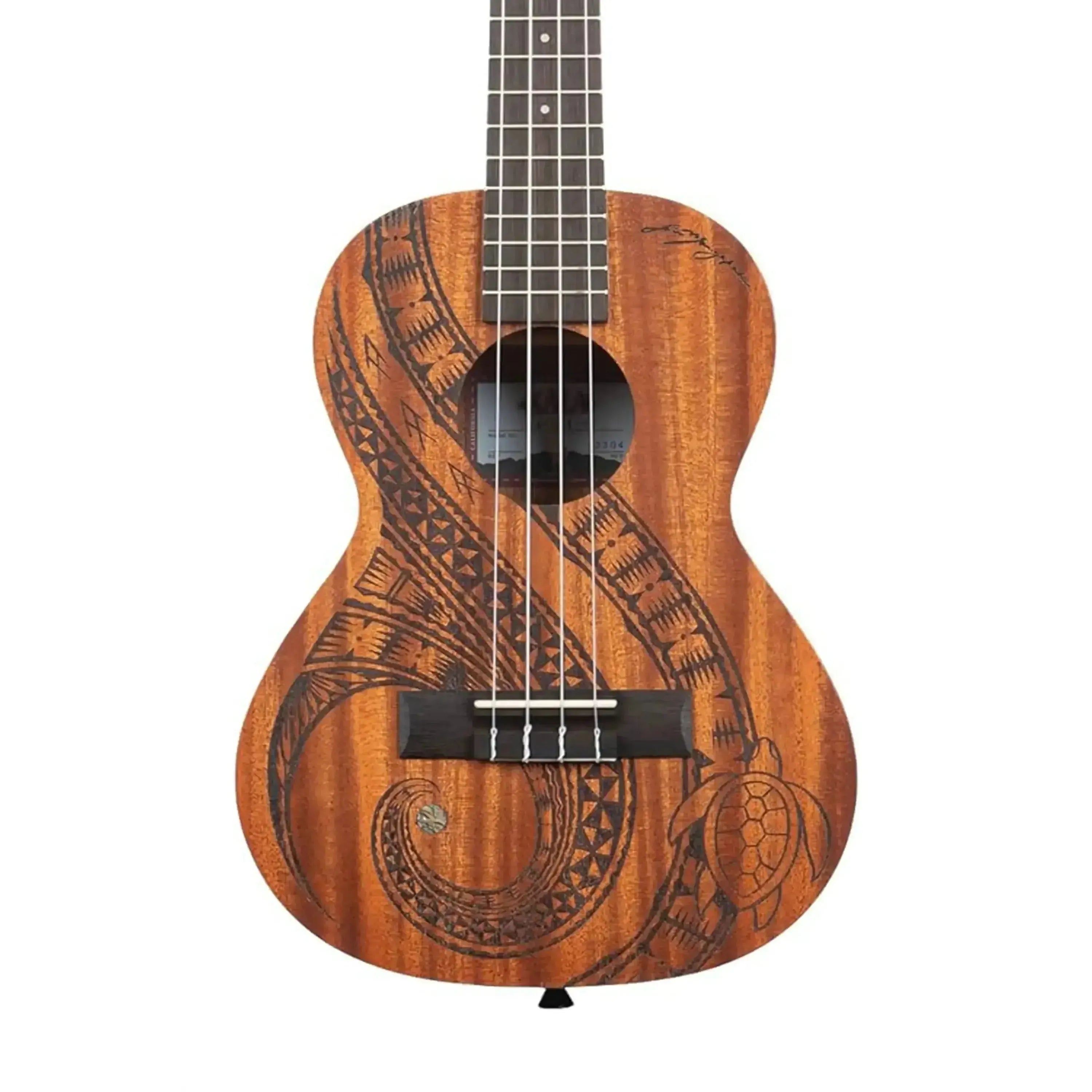 Kala GUIDANCE-T Mahogany Tenor Ukulele with Polynesian tattoo design and turtle motif.