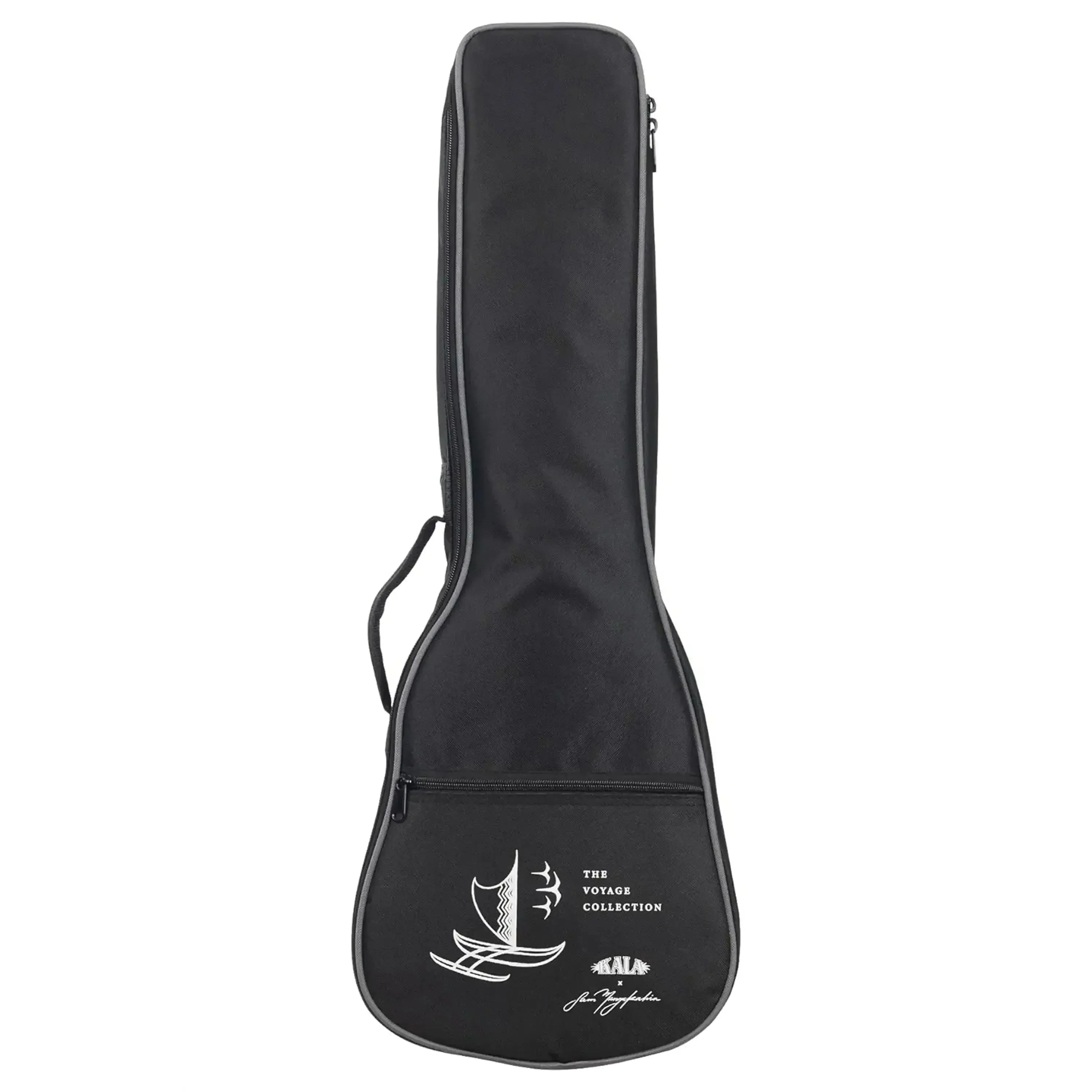 Black Kala ukulele gig bag with "The Voyage Collection" sailboat logo.