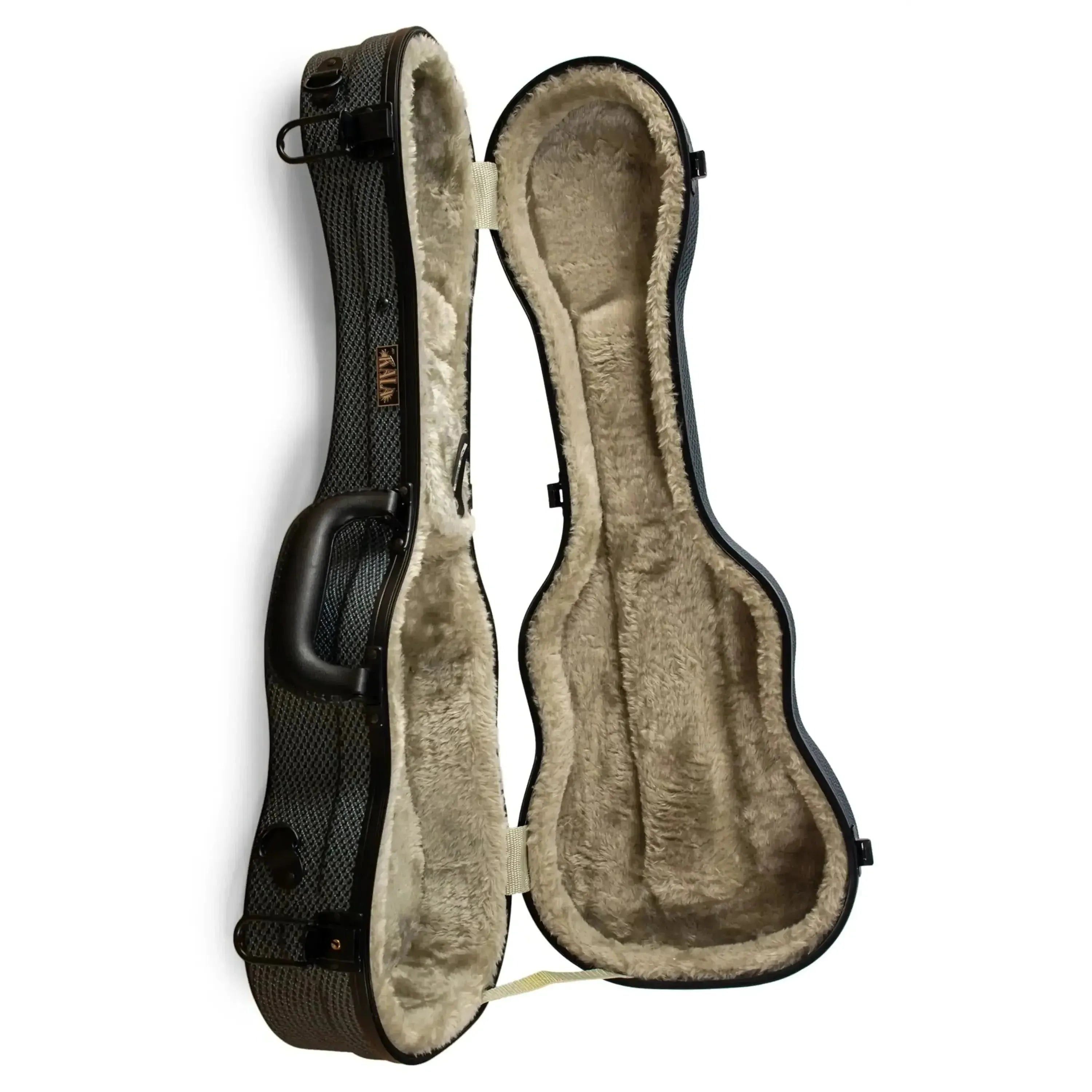 Kala HC-CHAR-T ABS molded tenor ukulele hardshell case, open with plush tan interior.