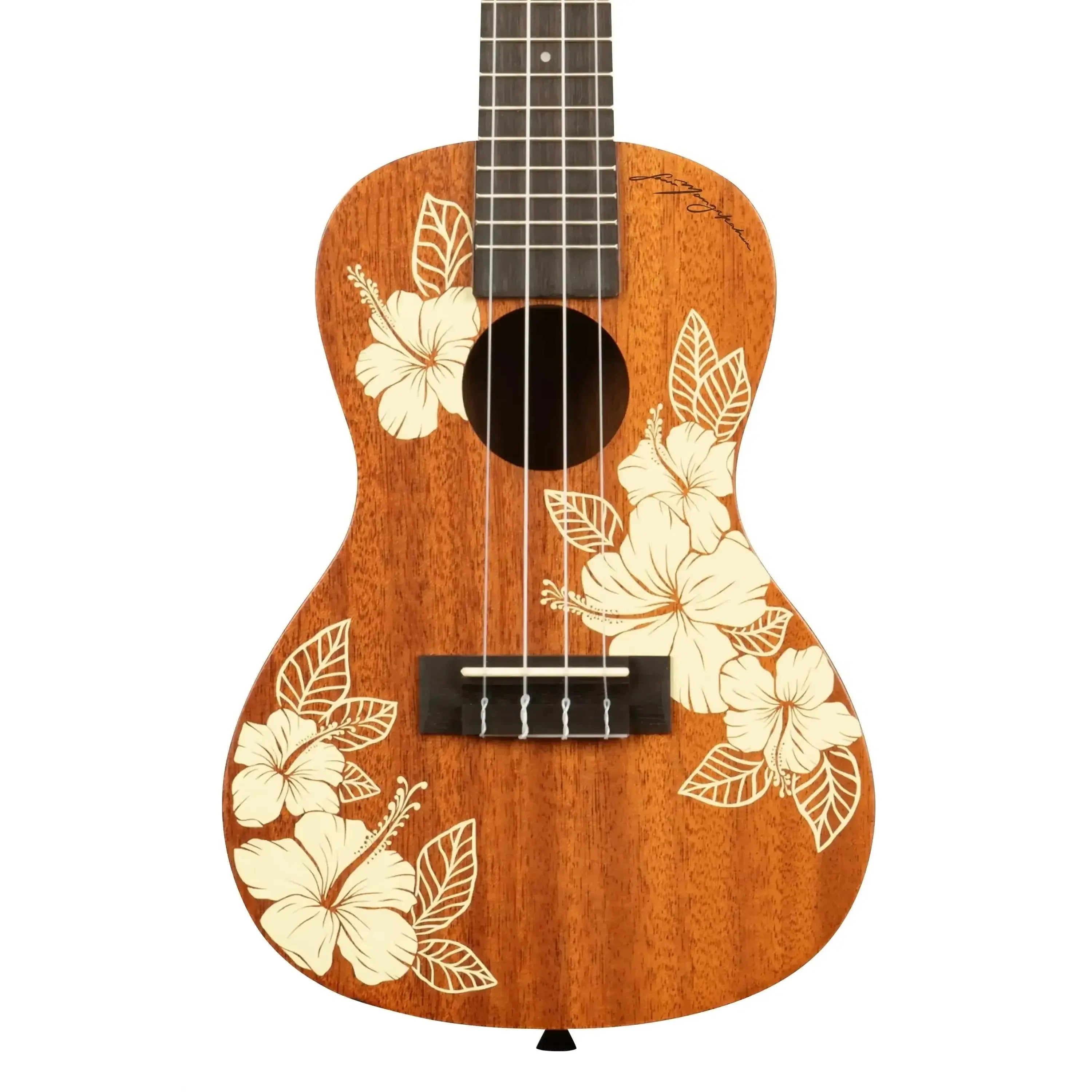 Kala HIBISCUS-C concert ukulele with mahogany body and cream hibiscus flower design.
