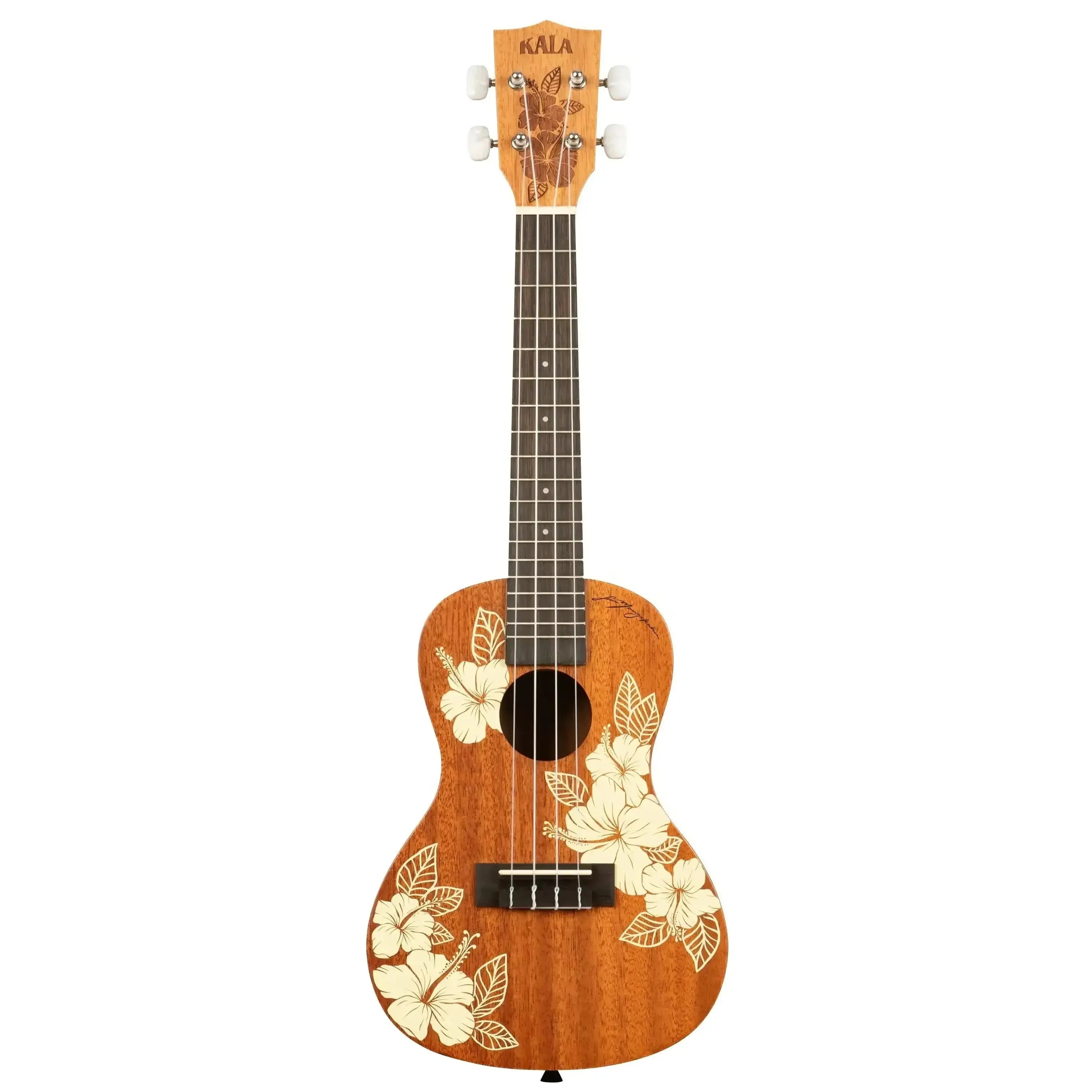 Kala Hibiscus-C Concert Ukulele with mahogany body and cream hibiscus floral design.