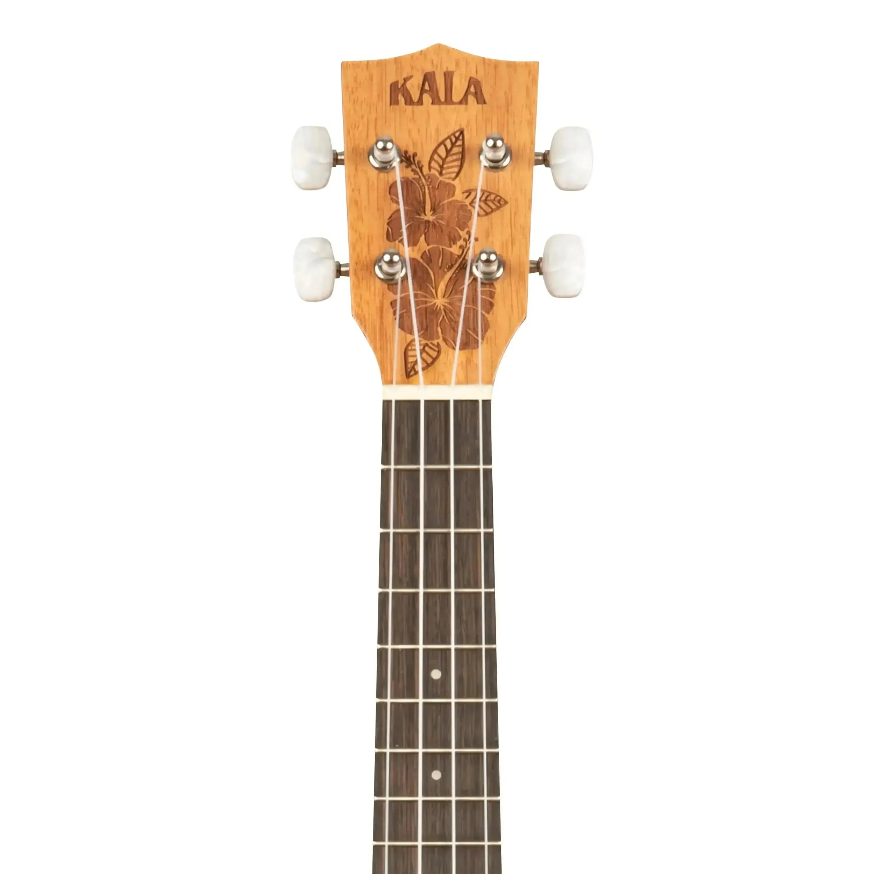 Kala Hibiscus-C mahogany concert ukulele headstock with engraved hibiscus flowers and white tuning pegs.