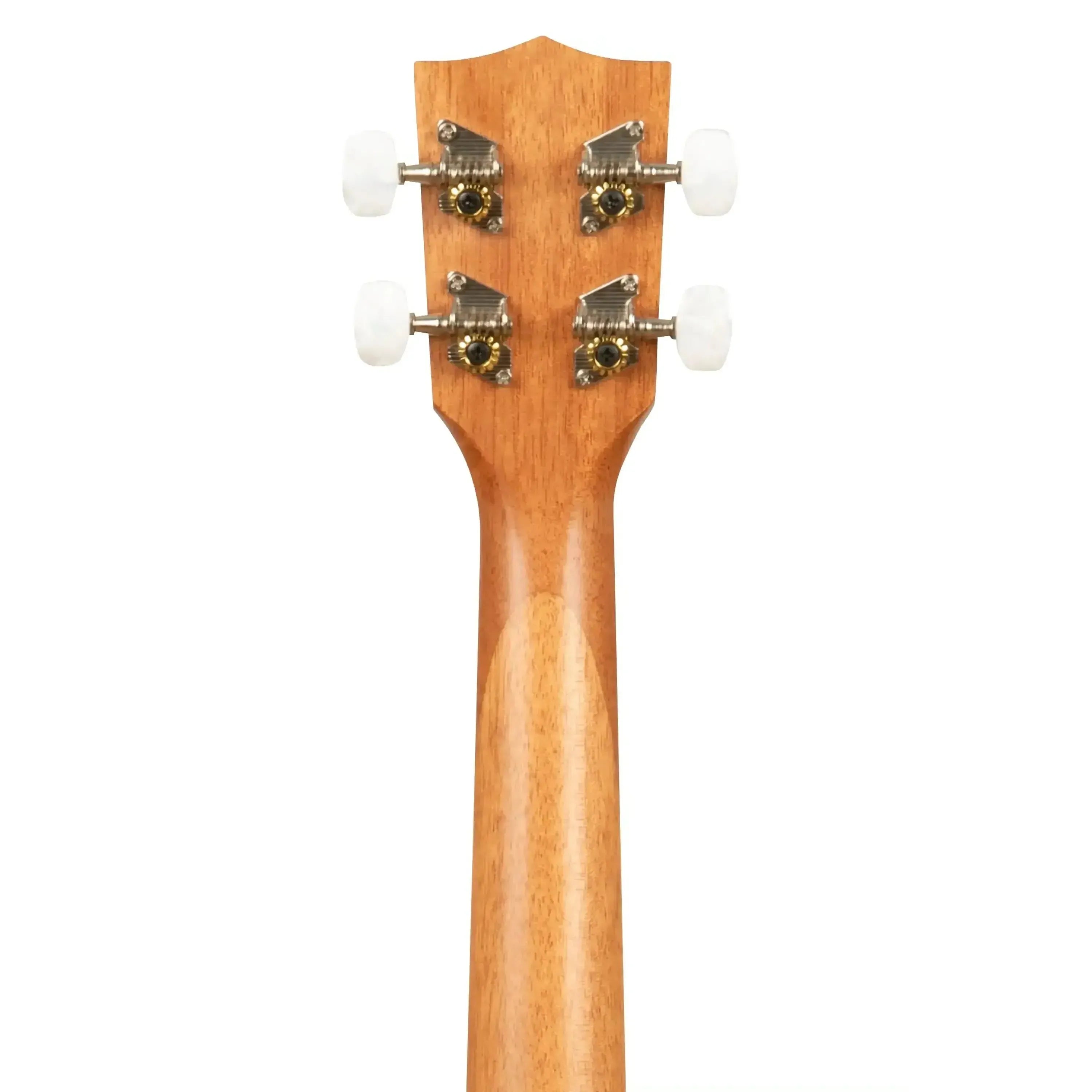 Back of Kala Hibiscus-C concert ukulele headstock and mahogany neck with white tuning pegs.
