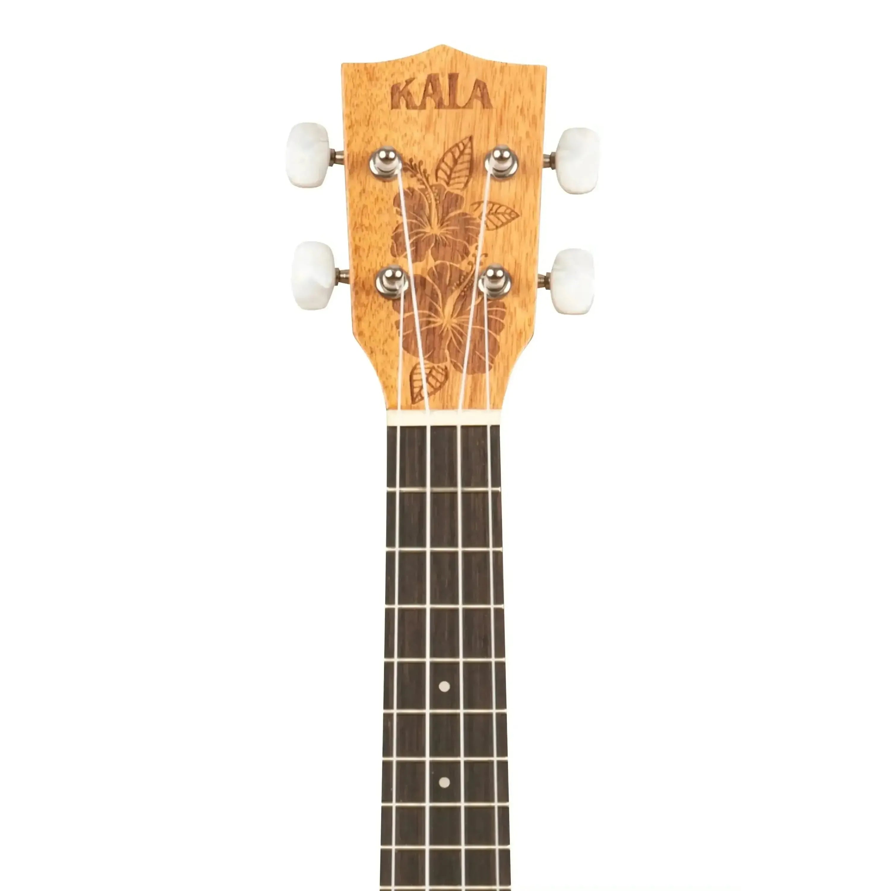 Kala HIBISCUS-S soprano ukulele headstock with mahogany wood, hibiscus engraving, and white tuners.