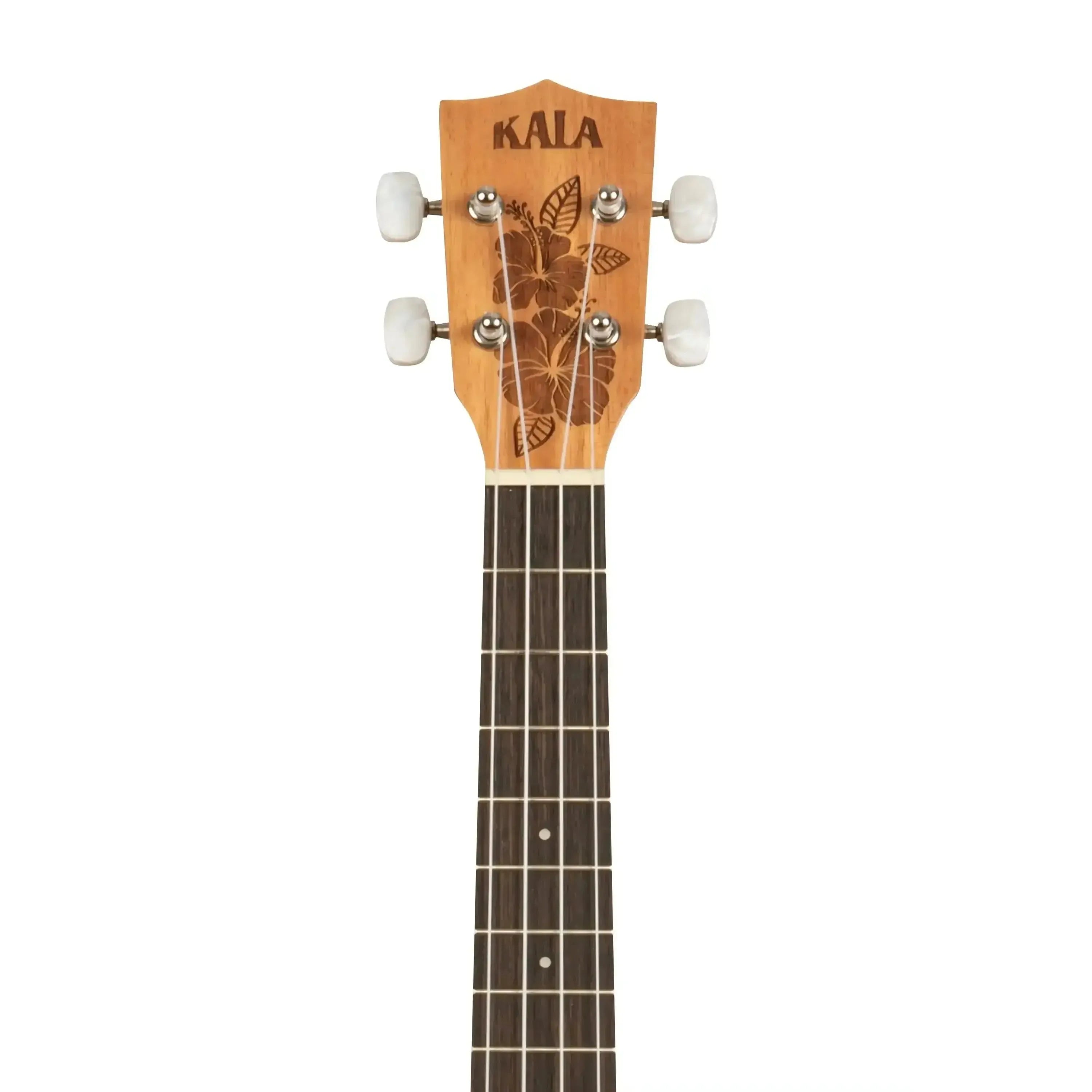 Kala Hibiscus Tenor Ukulele headstock with engraved hibiscus flowers and white tuners.