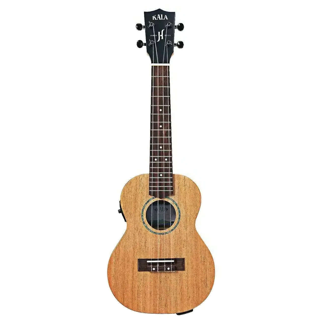 Kala James Hill Signature solid mahogany concert ukulele with EQ, abalone rosette, and black headstock.