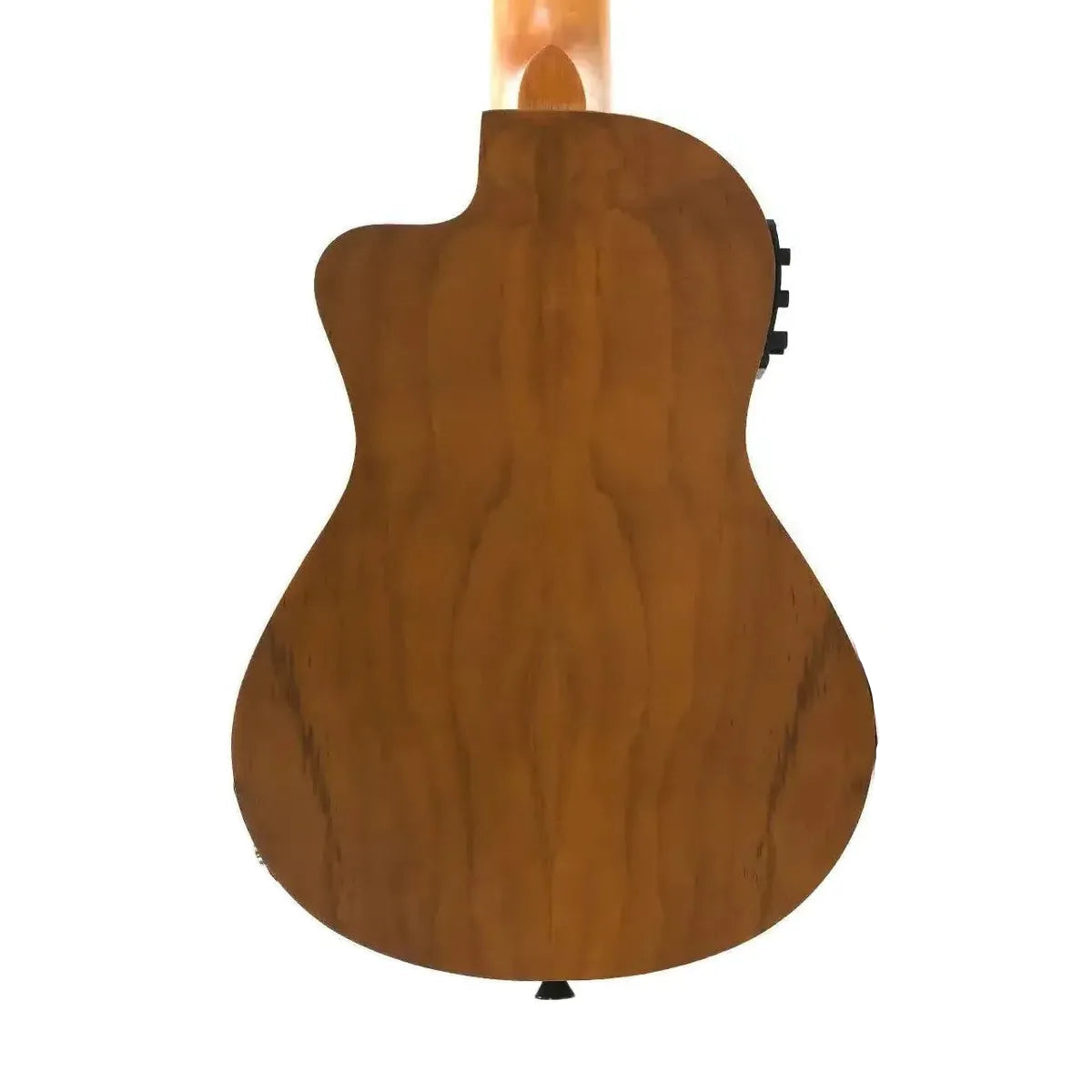 Back of a Kala JT-C-CE Concert Ukulele, showing its jati laminate wood grain and rounded cutaway.