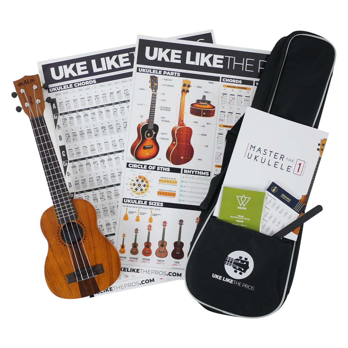 Kala JT-SLNG Longneck Soprano Ukulele bundle contents: the ukulele, Uke Like The Pros padded gig bag, chord and parts posters, Master The Ukulele 1 book, Vosta string set, chord chart and nail file
