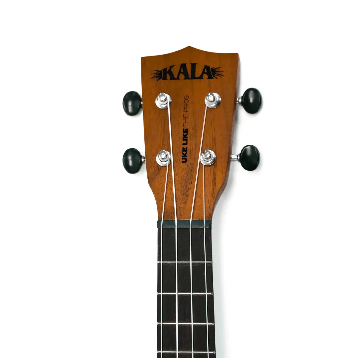 Kala Longneck Soprano Ukulele headstock with dark wood finish, black tuners, and "UKE LIKE THE PROS" text.
