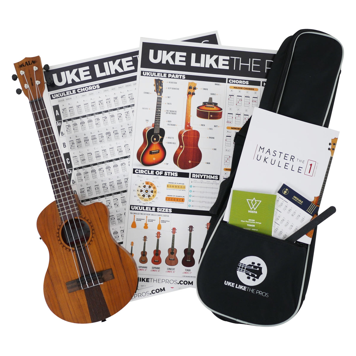 Kala JT-T-CE Tenor Ukulele bundle contents: the ukulele, Uke Like The Pros padded gig bag, chord and parts posters, Master The Ukulele 1 book, Vosta string set, chord chart and nail file
