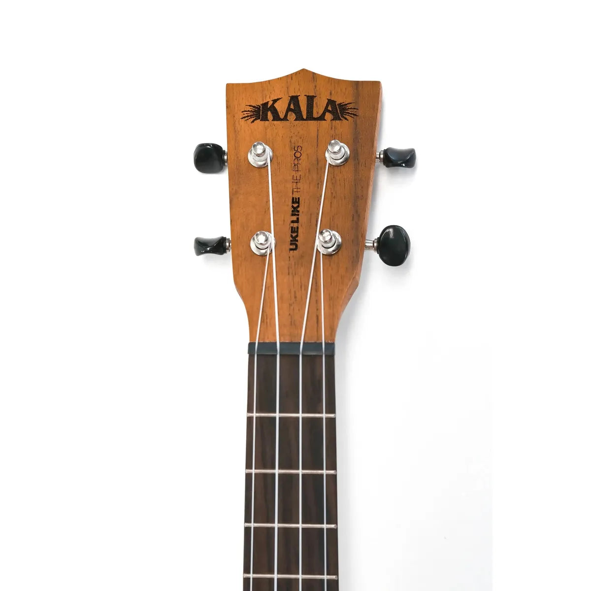 Close-up of Kala tenor ukulele headstock with "UKE LIKE THE PROS" text, dark tuning pegs, and strings.