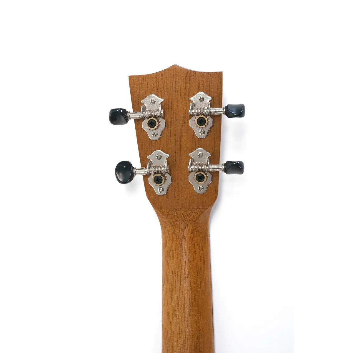 Back of a Kala tenor ukulele headstock and neck, showing four black tuning pegs.