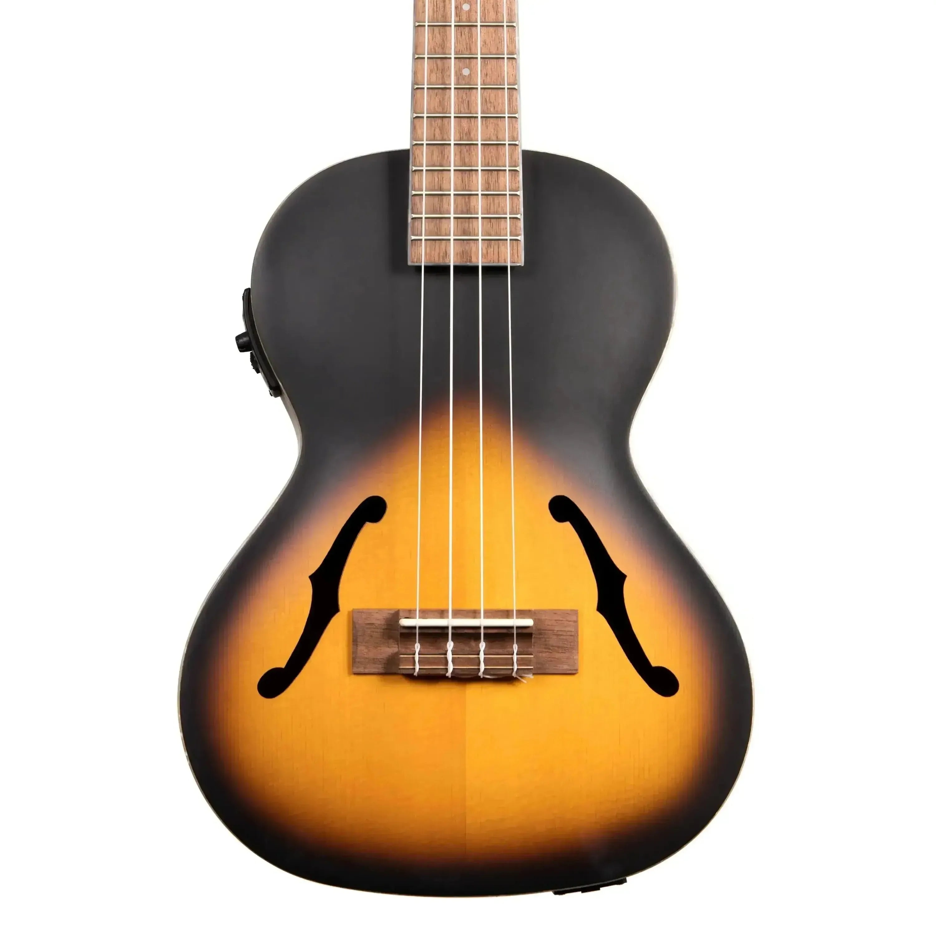Kala JTE/2TS Sunburst Archtop Tenor Ukulele with f-holes, dark top, and warm sunburst body.