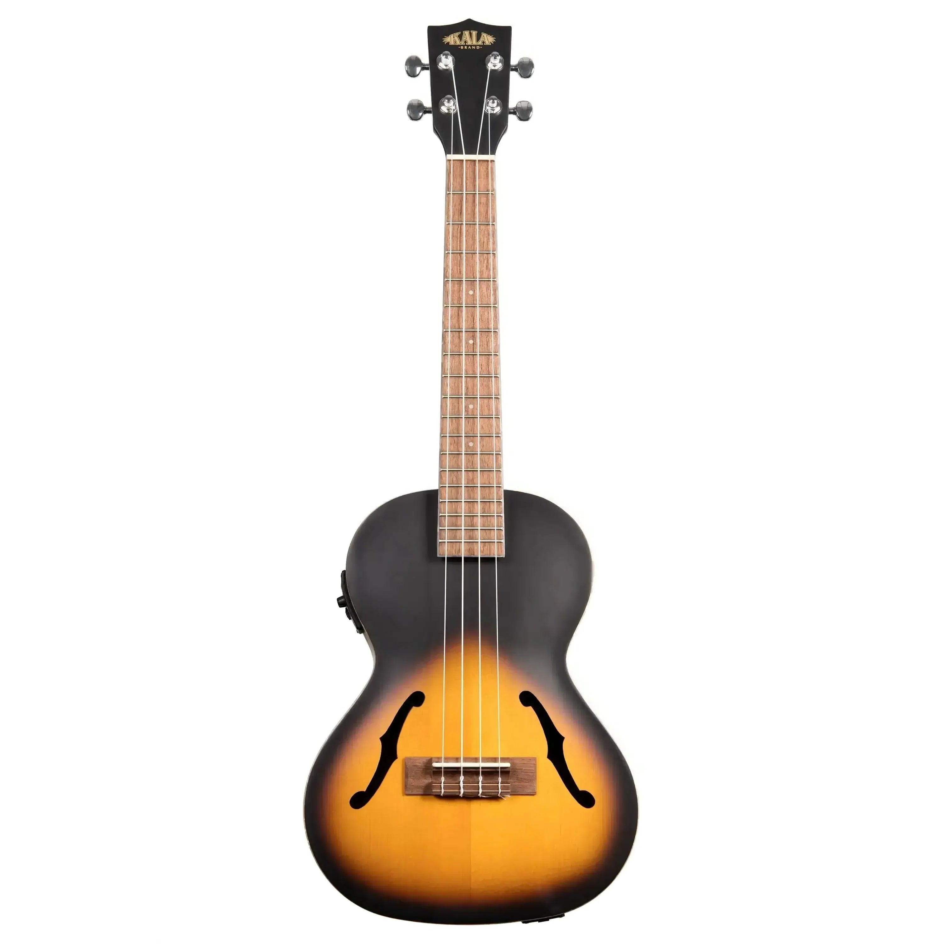 Kala JTE/2TS Sunburst Archtop Tenor Ukulele with f-holes and EQ, front view.