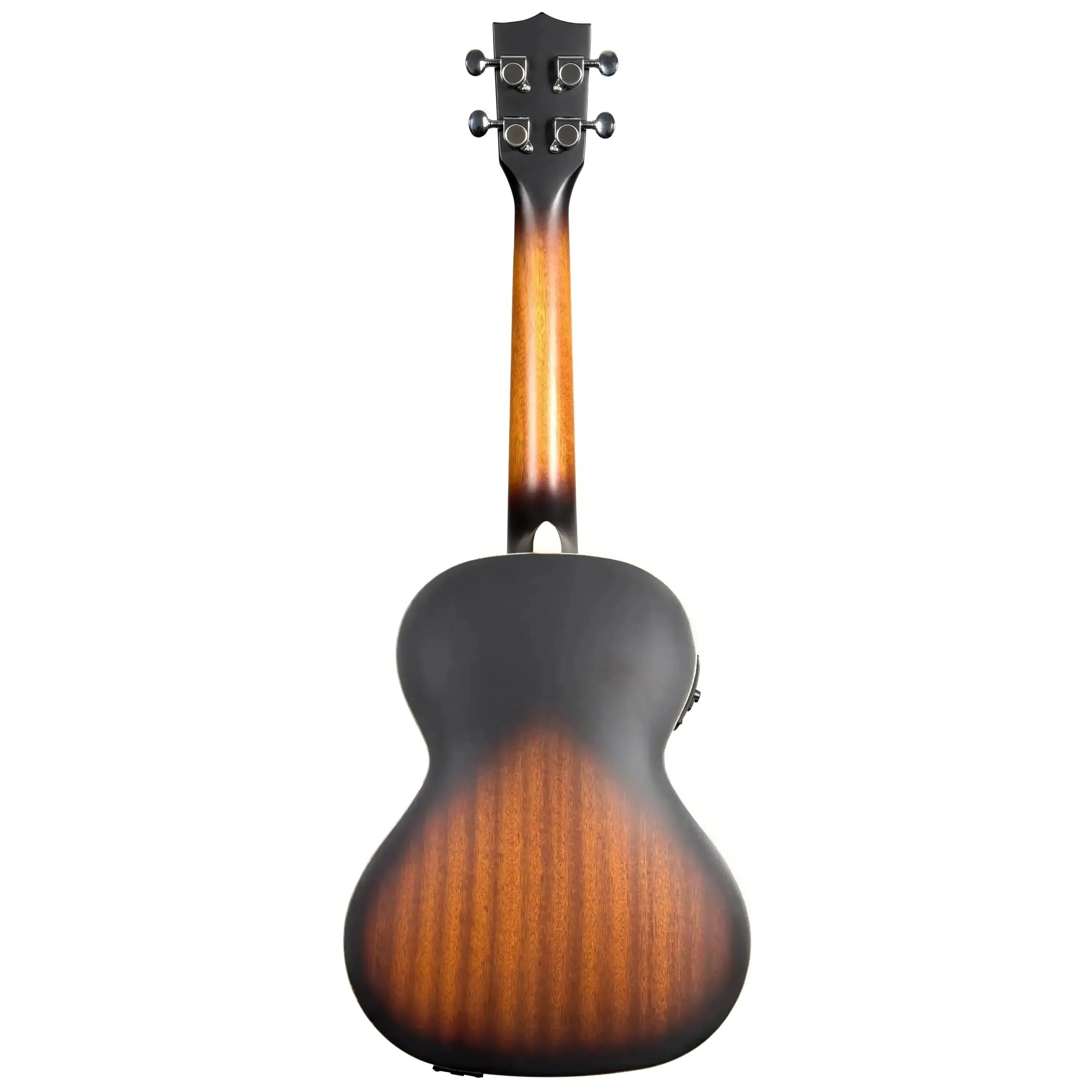 Kala JTE/2TS Sunburst Archtop Tenor Ukulele, back view showing dark sunburst finish and mahogany neck.