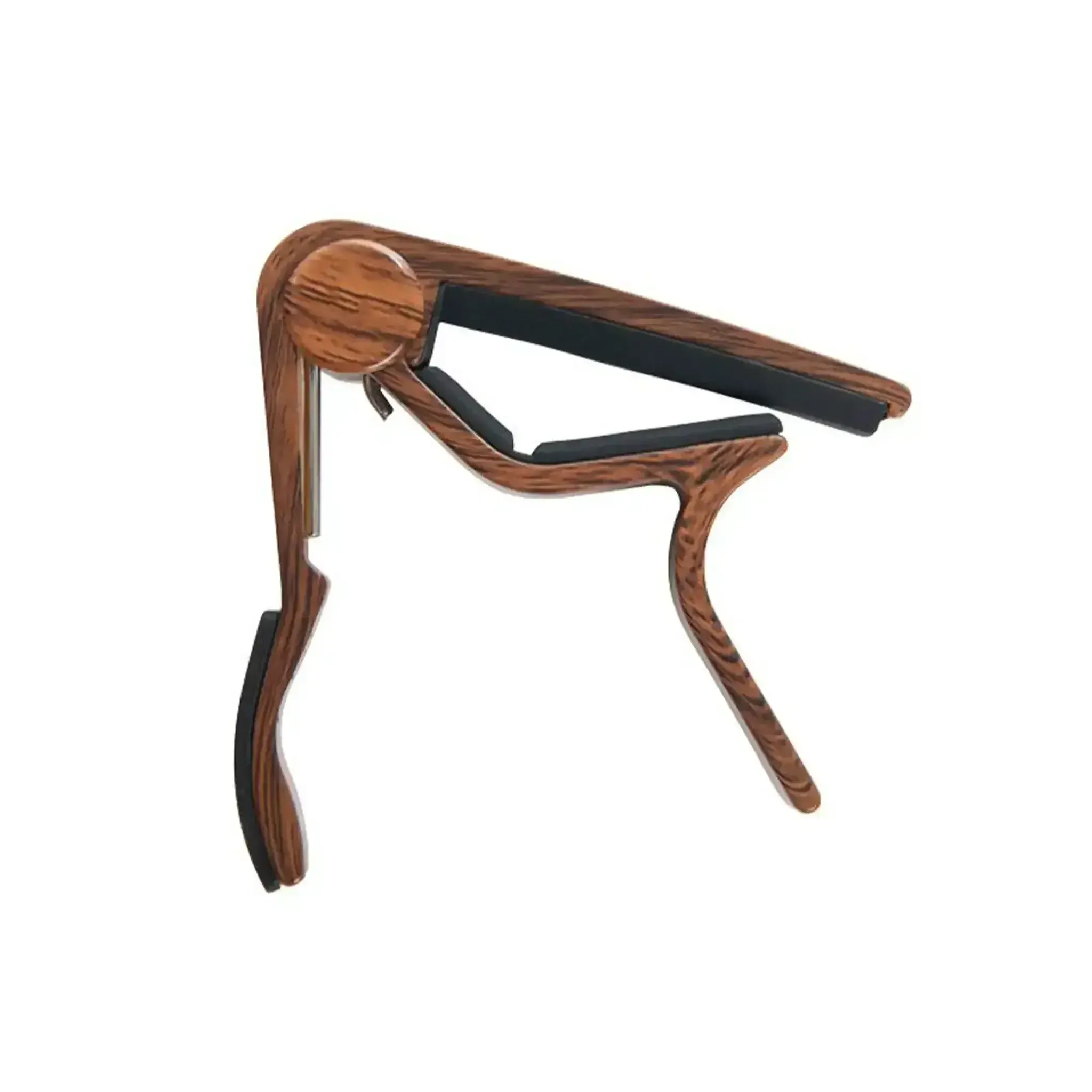 Kala K-CAPO-WLT walnut ukulele capo with a smooth trigger design and black padding.