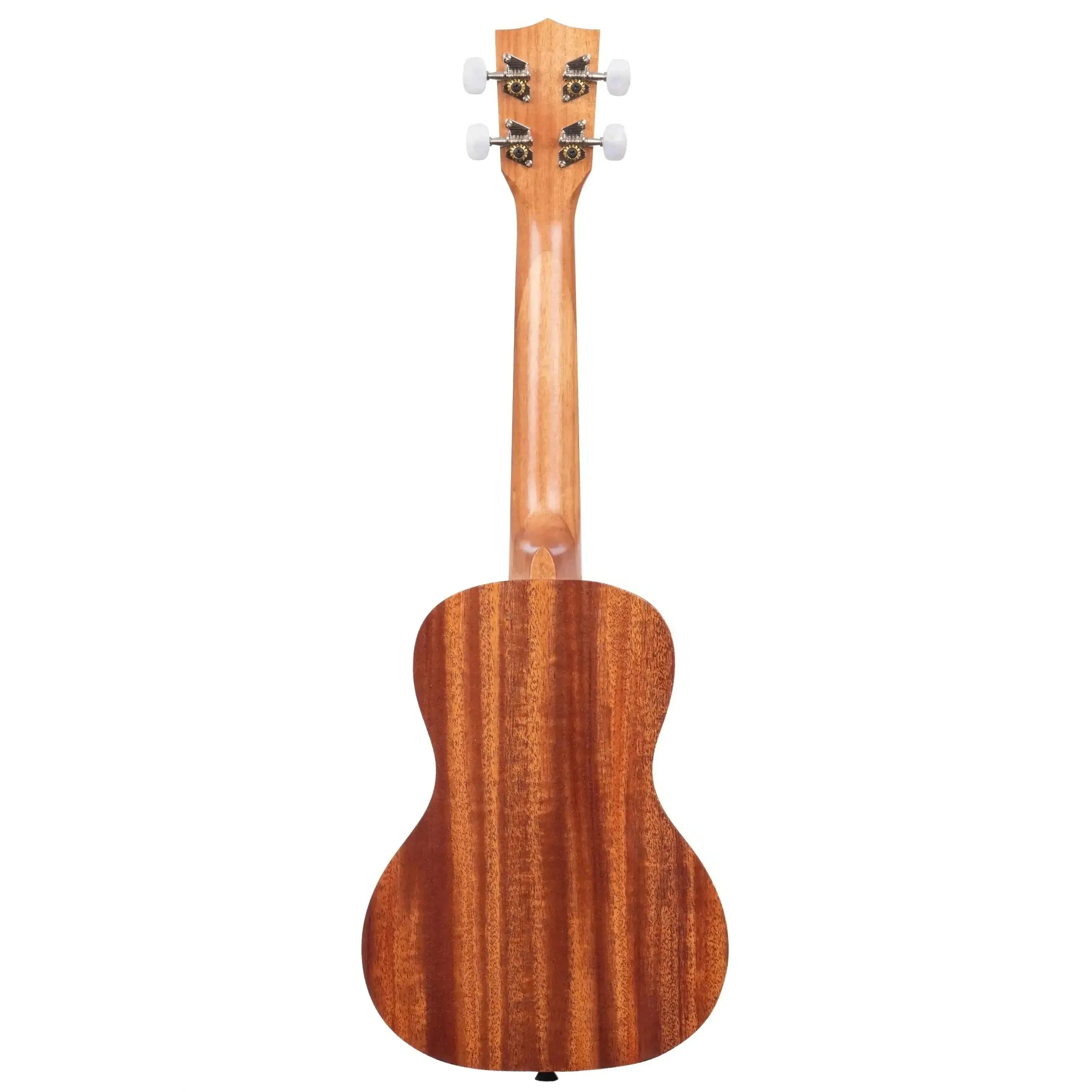Kala KA-15C concert ukulele, back view, satin mahogany body and neck, white tuning pegs.