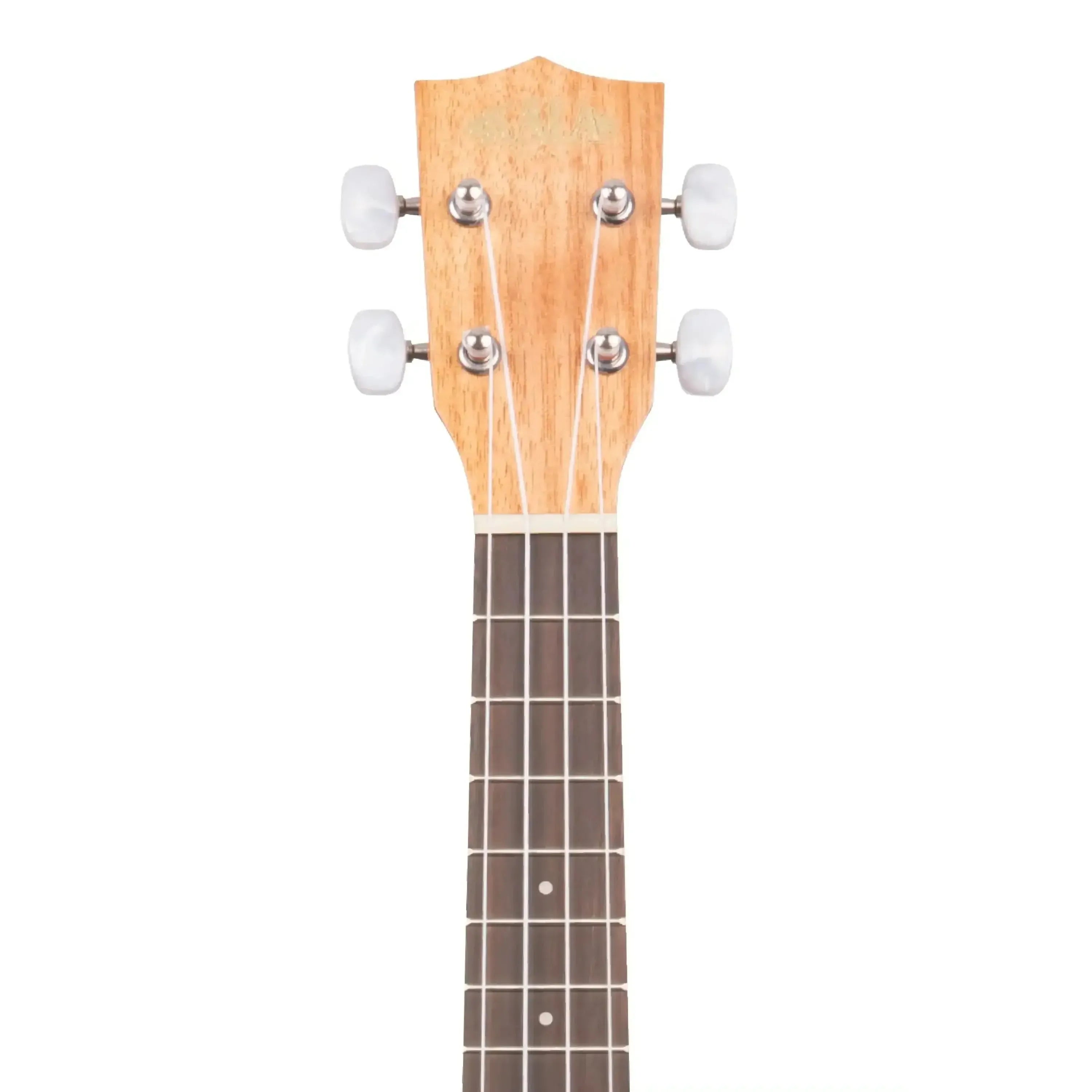 Kala KA-15C concert ukulele headstock and fretboard, natural mahogany wood with white tuning pegs.