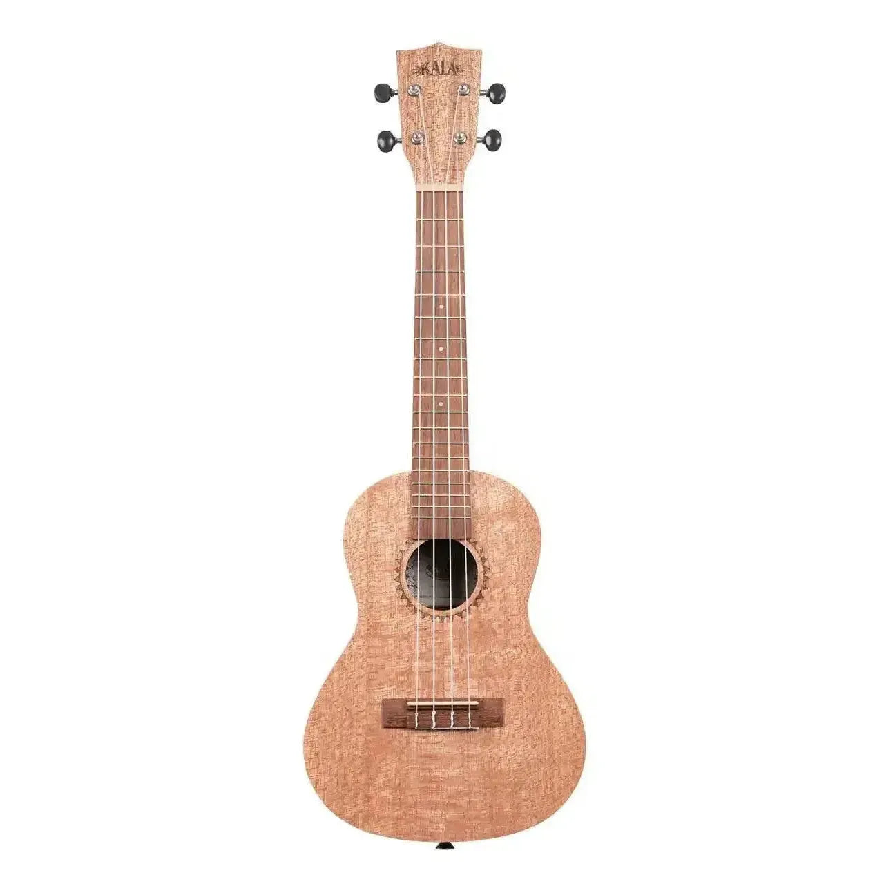 Kala KA-20C Concert Ukulele with burled meranti wood, satin finish, and black tuners.