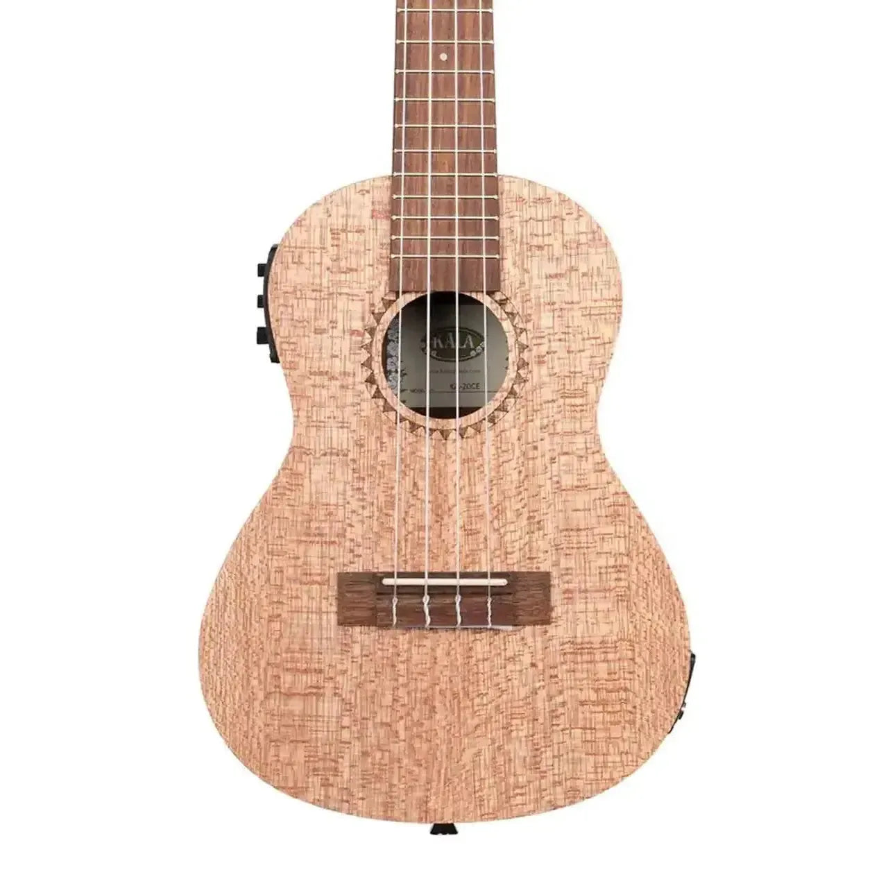 Kala KA-20CE Concert Ukulele with burled Meranti wood body, satin finish, and EQ controls.