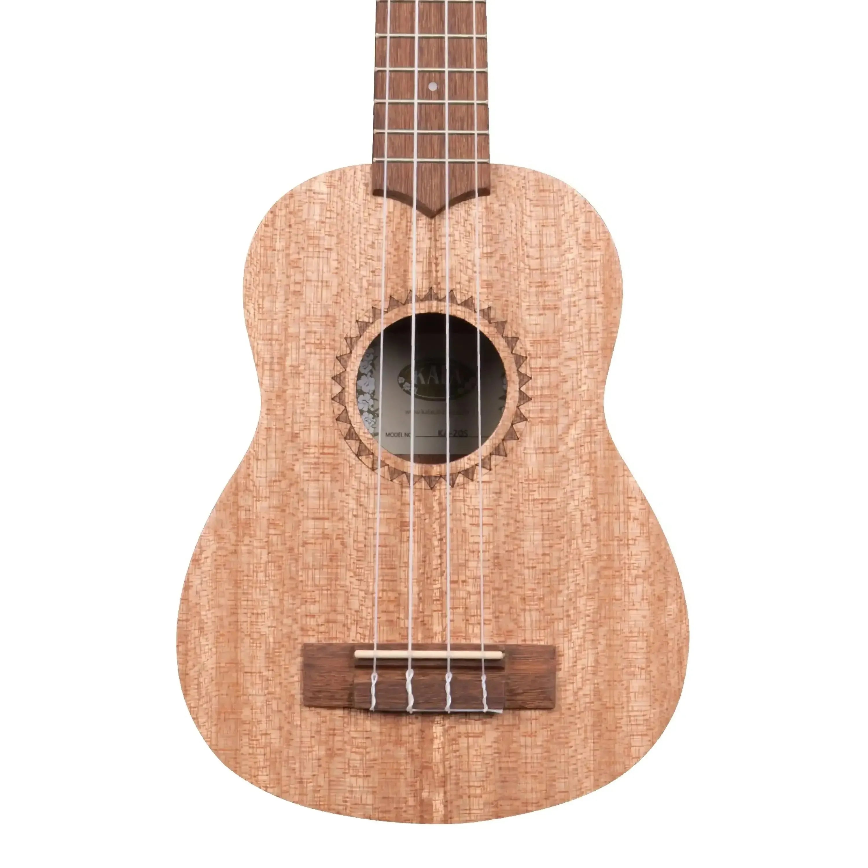 Kala KA-20S Soprano Ukulele with burled meranti wood, Polynesian shark teeth rosette, and satin finish.