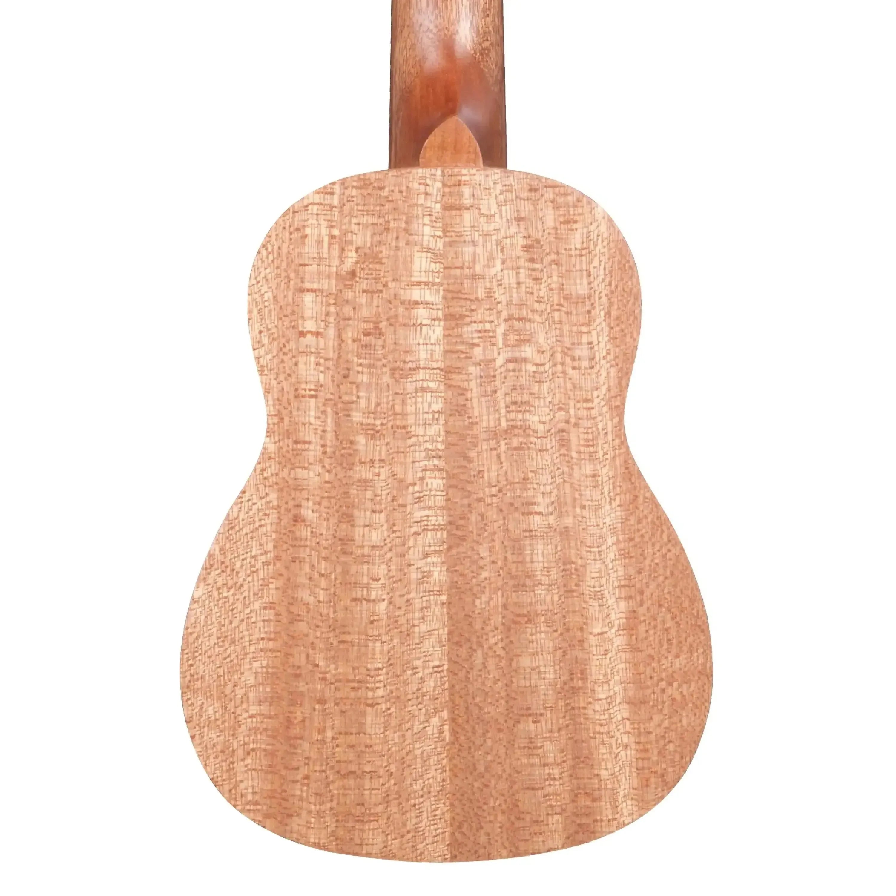 Back of a Kala KA-20S Soprano Ukulele, showcasing its burled Meranti wood grain and satin finish.