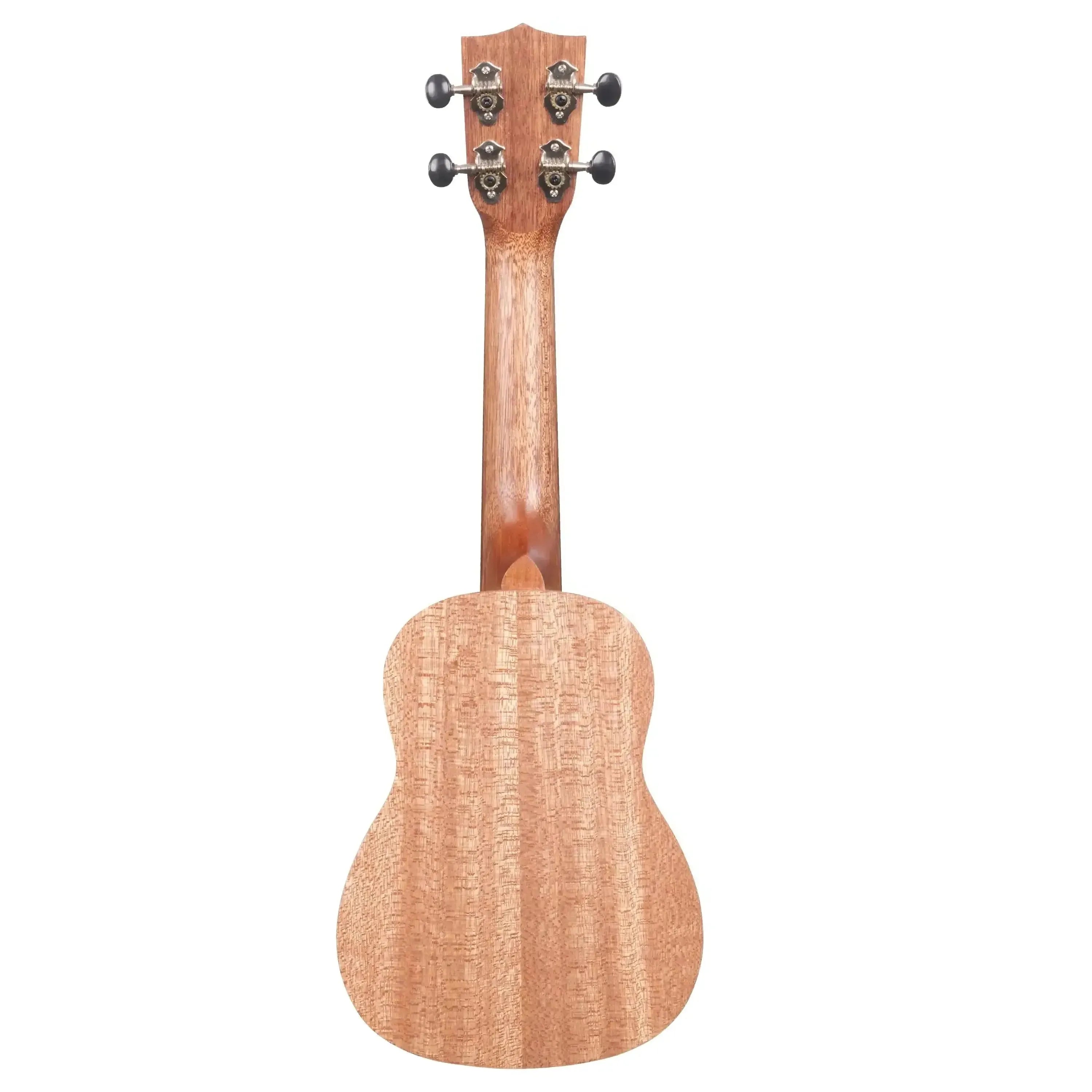 Back of a Kala KA-20S Burled Meranti Soprano Ukulele with a light wood grain and satin finish.