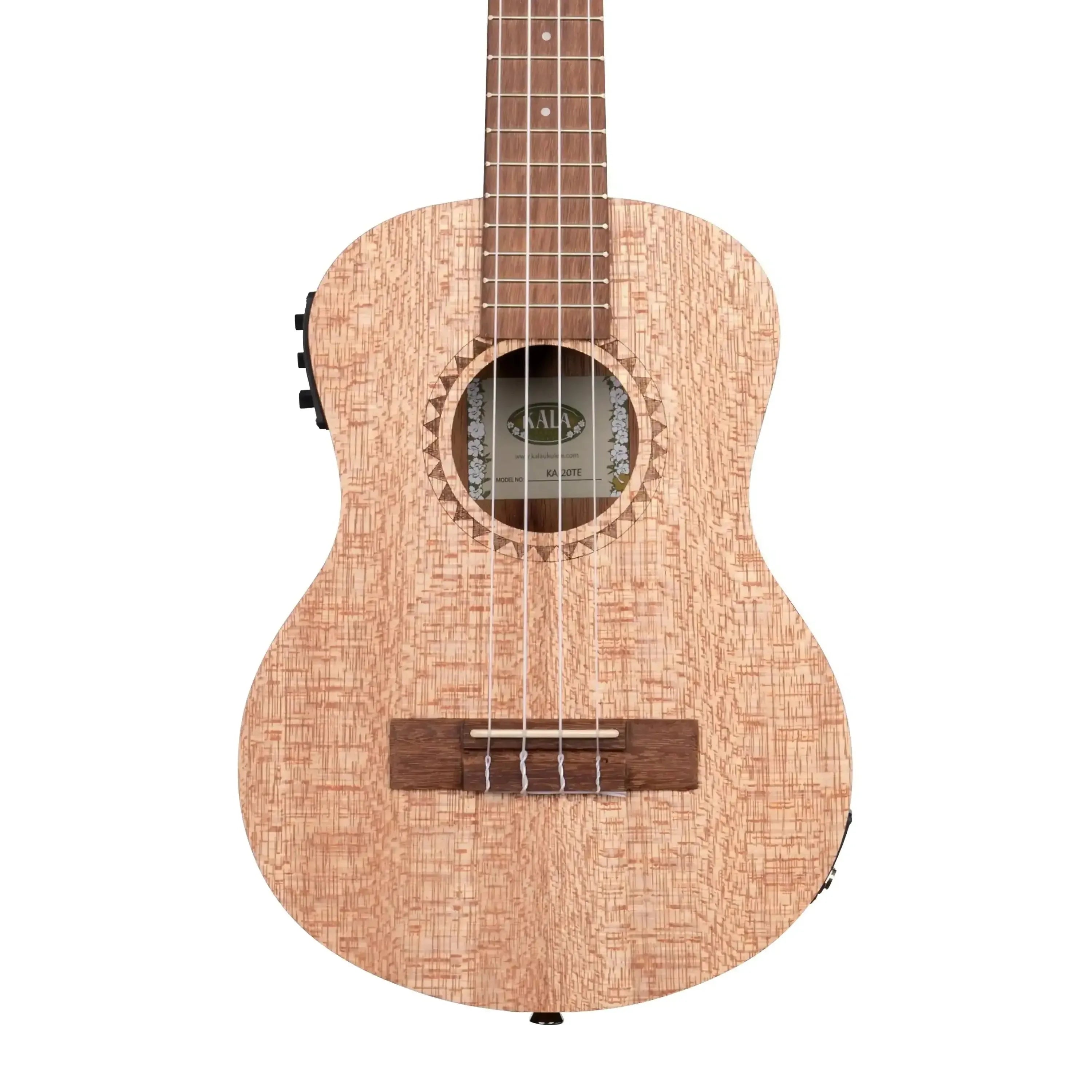 Kala KA-20TE Tenor Ukulele with burled Meranti wood, Polynesian Shark Teeth rosette, and EQ controls.