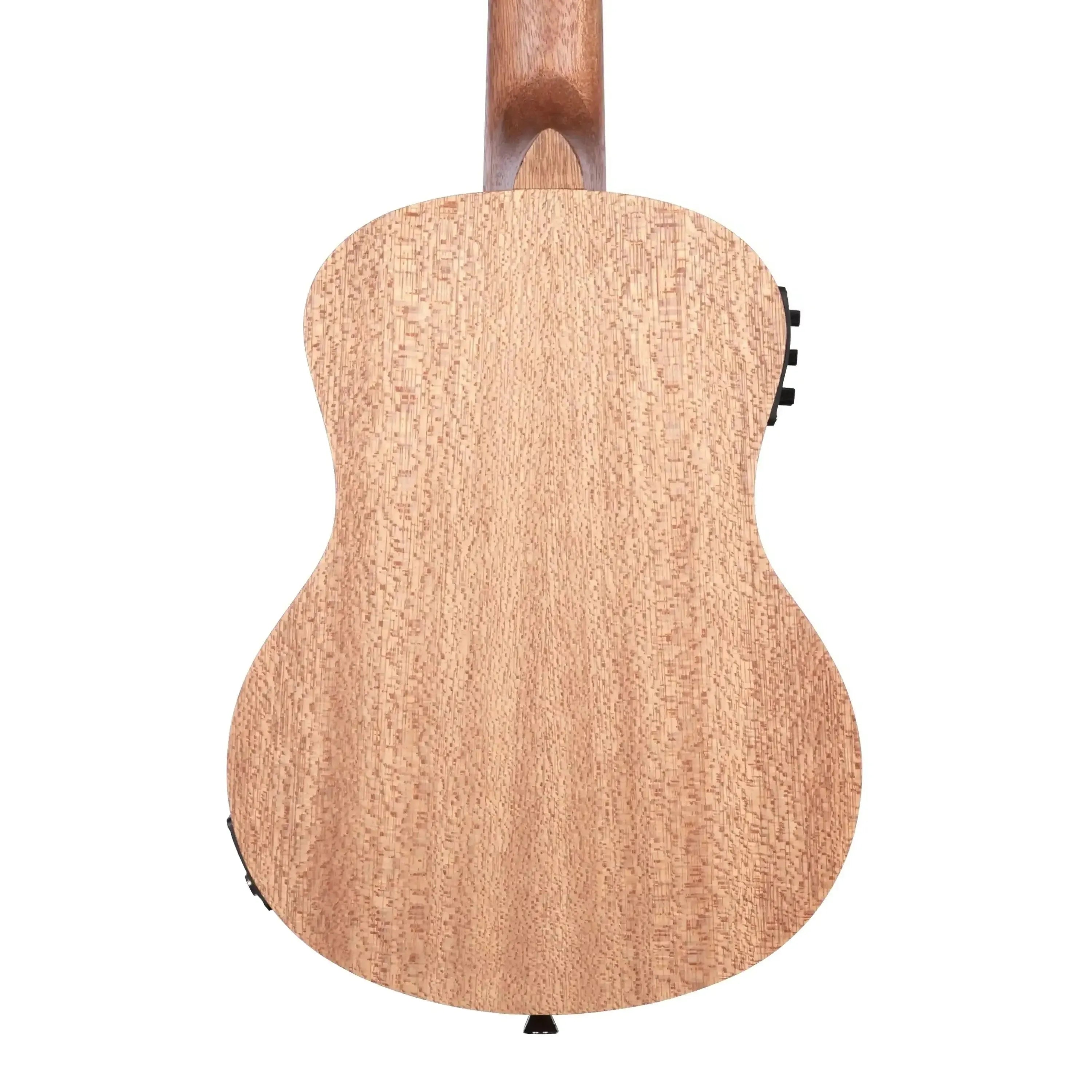 Back of a Kala KA-20TE Tenor Ukulele, showing the light brown burled Meranti wood grain.