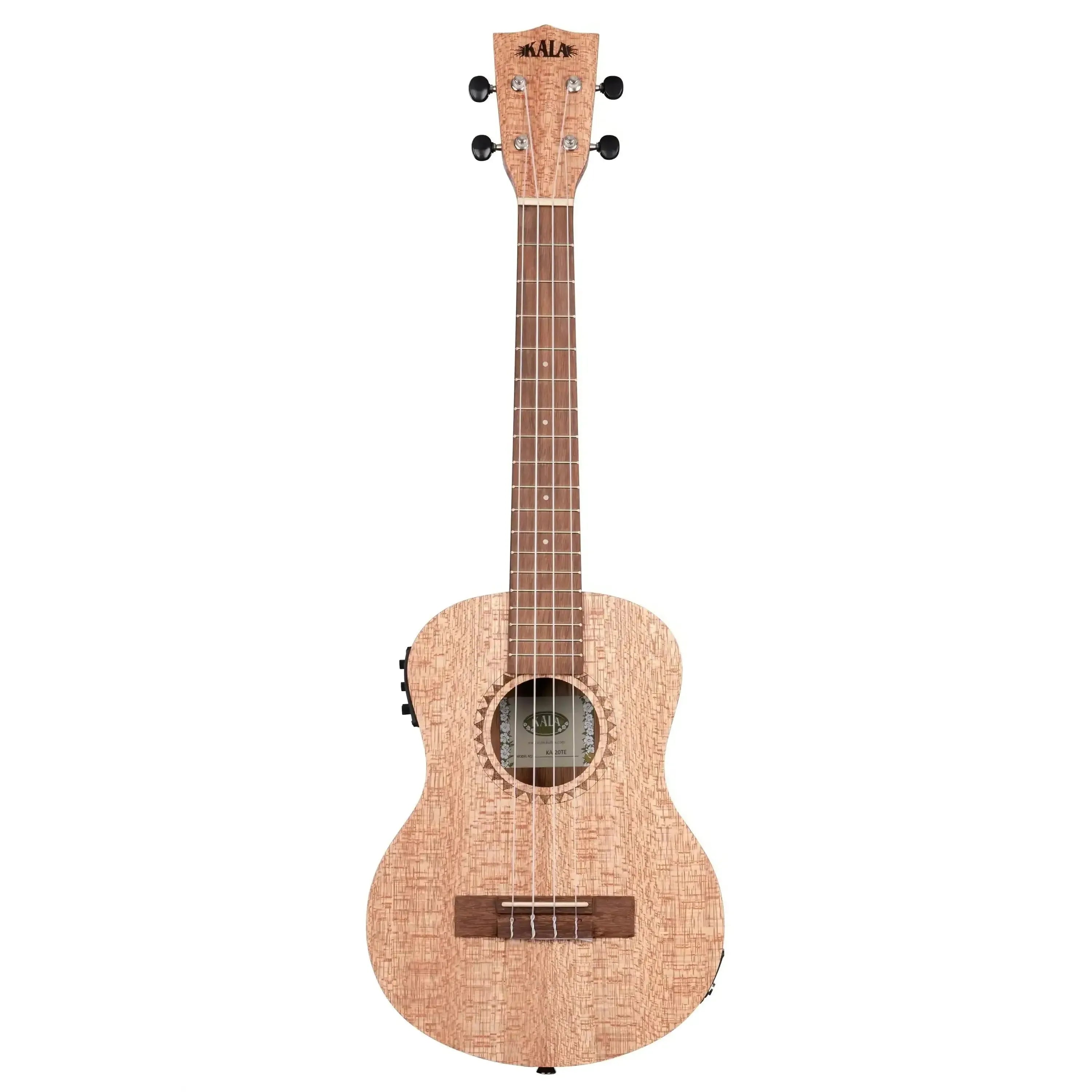 Kala KA-20TE Burled Meranti Tenor Ukulele with EQ, front view, light wood grain.